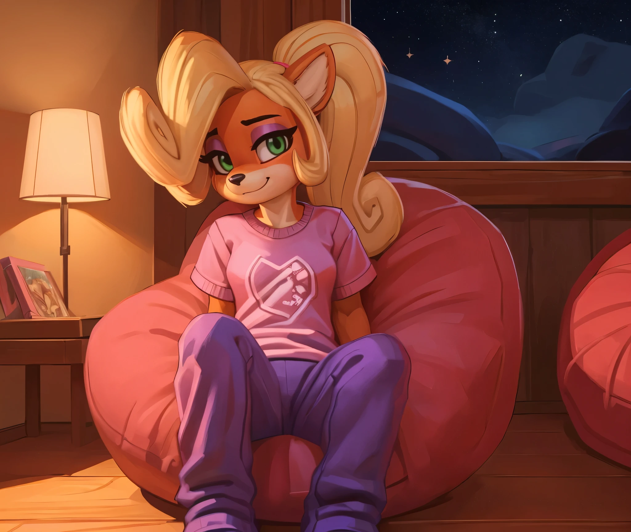 [Coco bandicoot], [Uploaded to e621.net; (Pixelsketcher), (wamudraws)], ((masterpiece)), ((HD)), ((solo portrait)), ((full body)), ((front view)), ((furry; anthro)), ((detailed fur)), ((detailed shading)), ((beautiful render art)), ((intricate details)), {anthro; orange fur, black nose, (cute green eyes), (short eyelashes), (pink eyeshadow), (long blonde curly hair), (curly ponytail), (blushing), (cute smirk)}, {(pink tee shirt), (purple sweatpants)}, {(sitting on beanbag), (sitting criss-cross), (tailor-sitting), (looking at viewer)}, [background; (tropical forest), (bedroom), (beanbag), (wood window), (wood floor), (nighttime), (starry sky), (ambient lighting)]