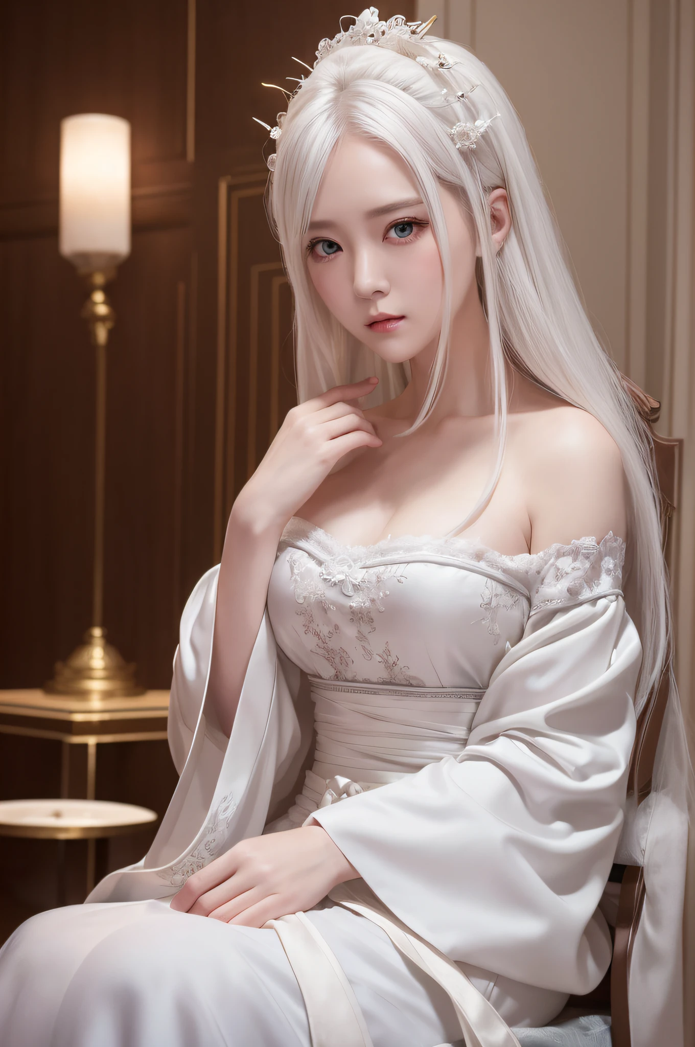 Blonde woman posing in white dress for posing, with long white hair, long white hair, Girl with white hair, white-haired god, Anime girl cosplay, Flowing white hair, Anime cosplay, Perfect white haired girl, Long white hair, white hair floating in air, Long flowing white hair, Tifa Lockhart with white hair, white haired Cangcang