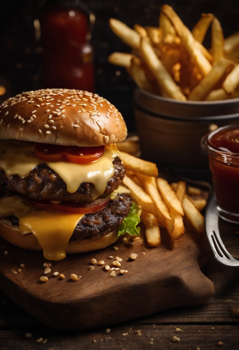a top-down shot of a cheeseburger on a rustic wooden table, with sesame seeds sprinkled on the bun and a side of crispy golden fries, creating a classic American diner aesthetic