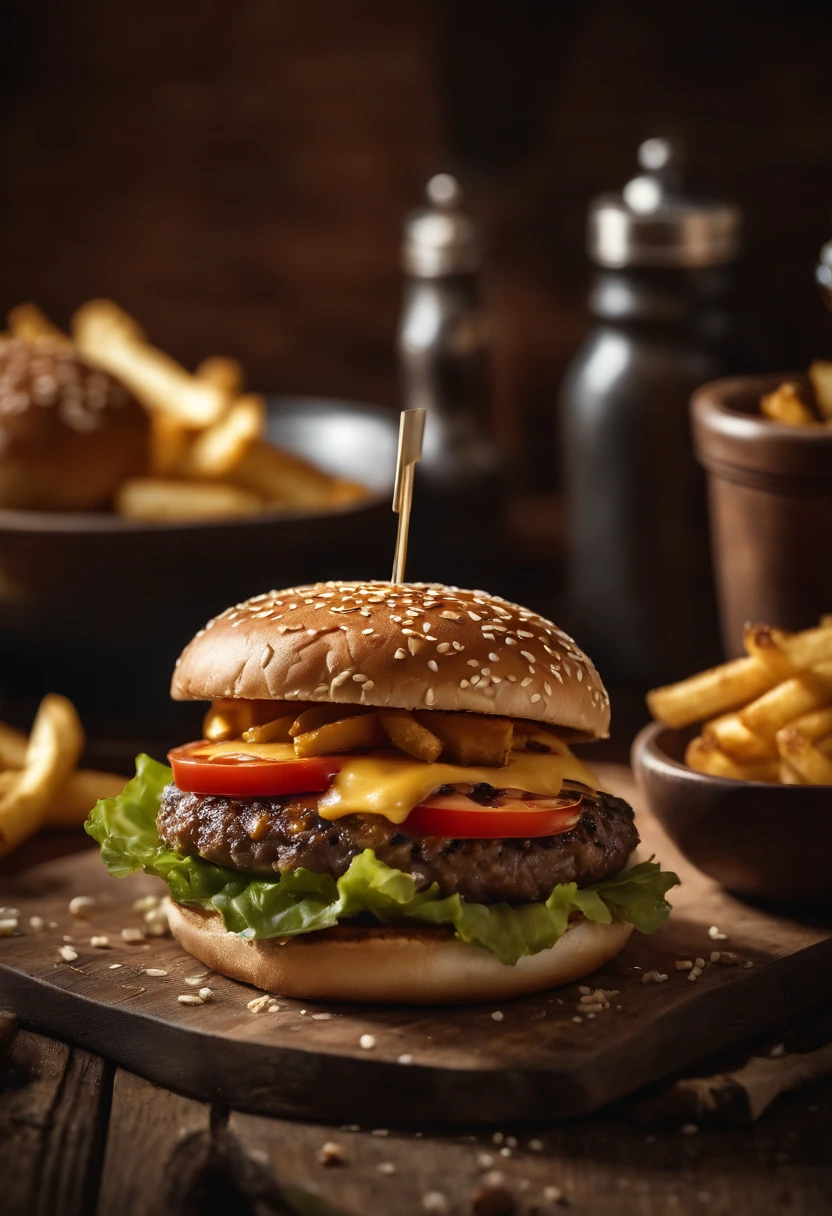 a top-down shot of a cheeseburger on a rustic wooden table, with sesame seeds sprinkled on the bun and a side of crispy golden fries, creating a classic American diner aesthetic