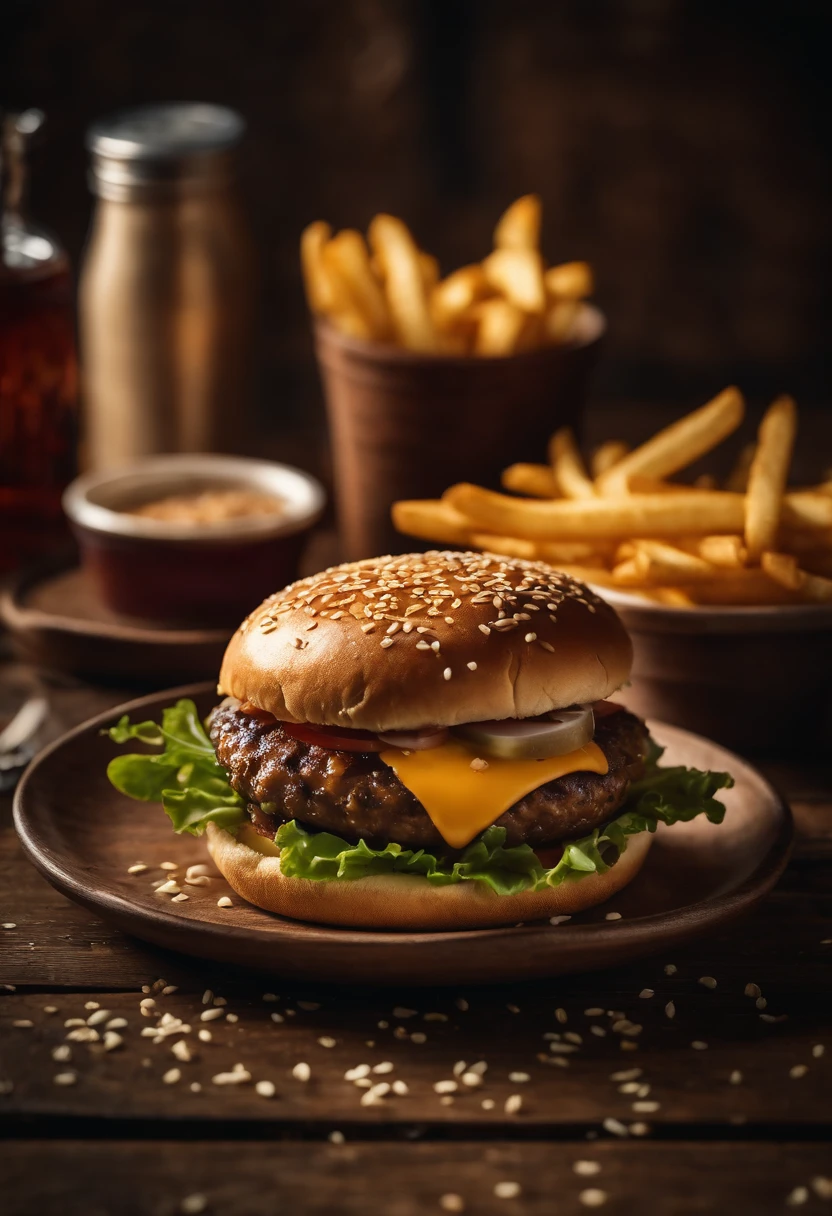a top-down shot of a cheeseburger on a rustic wooden table, with sesame seeds sprinkled on the bun and a side of crispy golden fries, creating a classic American diner aesthetic