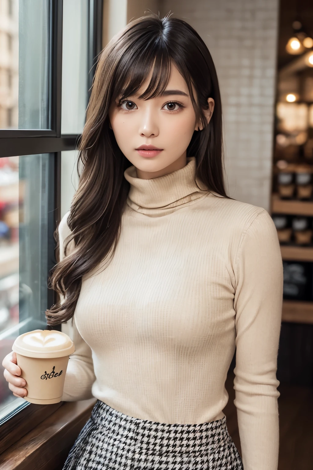 A woman in a white turtle neck sweater holding a cup of coffee - SeaArt AI