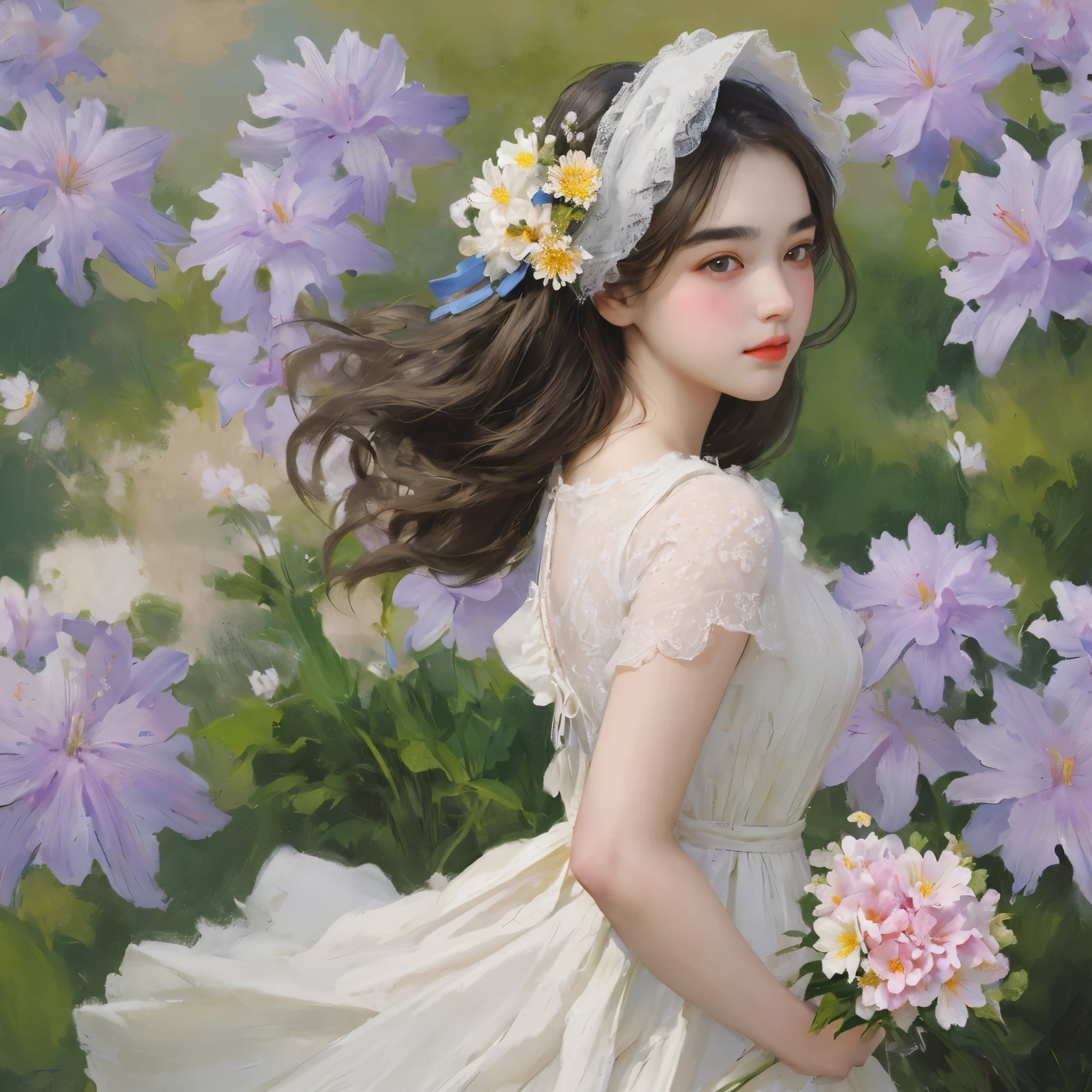 Best quality,masterpiece,1girl,beautiful_face,eyebrows_visible_through_hair,lily_\(flower\),dress,holding_flower,from_side, beautiful girl