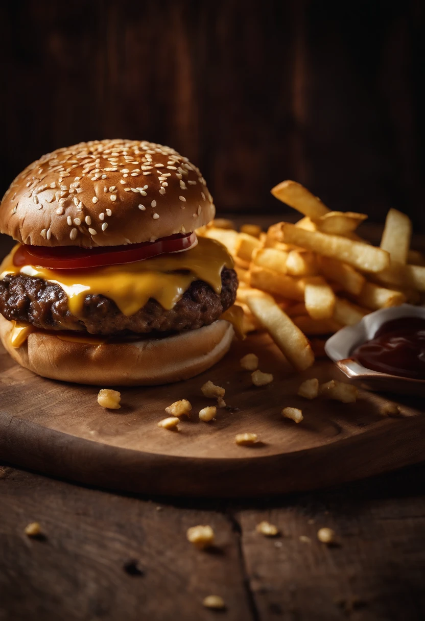 a top-down shot of a cheeseburger on a rustic wooden table, with sesame seeds sprinkled on the bun and a side of crispy golden fries, creating a classic American diner aesthetic