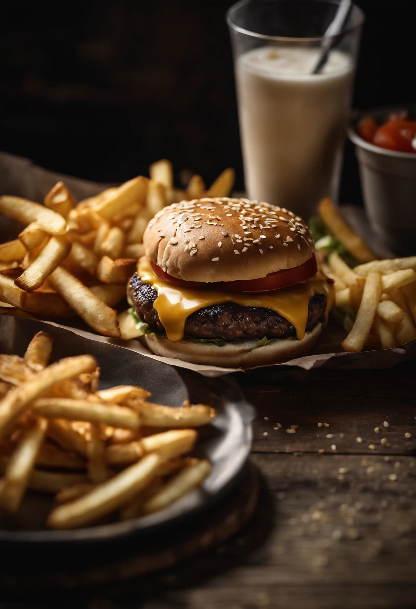 a top-down shot of a cheeseburger on a rustic wooden table, with sesame seeds sprinkled on the bun and a side of crispy golden fries, creating a classic American diner aesthetic