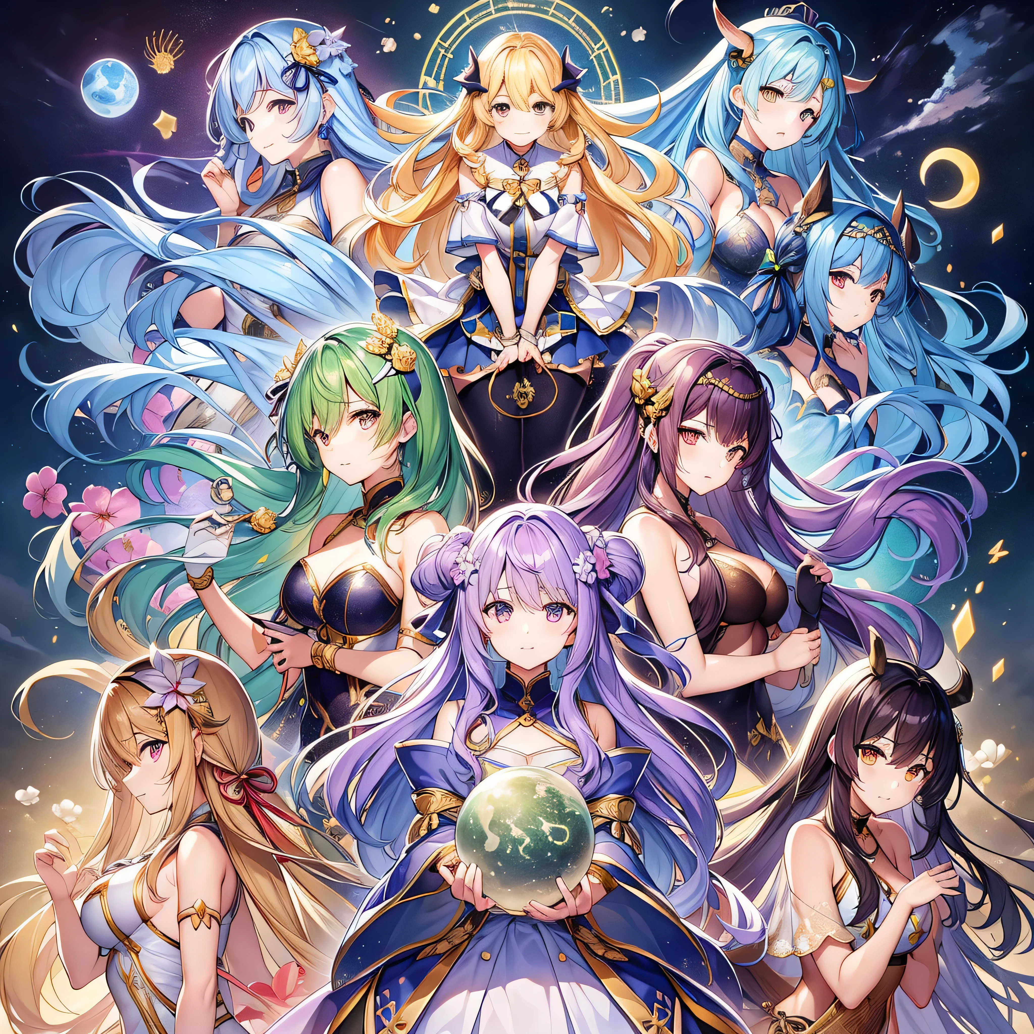 top-quality、Masterpiece、detaileds、12 zodiac constellations、Aries(Aries、Aries) Taurus(Oyster、Taurus) Gemini(Gemini、Gemini) Cancer(Crab、Cancer) Leo(leo、Leo) Virgo(Otome、Virgo) Libra(Libra、Libra) Scorpio(Scorpion、Scorpius) Sagittarius(Sagittarius、Sagittarius) Capricorn(Goat、Capricornus) Aquarius(aquarius、Aquarius) Pisces(Fish、Pisces)zodiac constellations(All over the world、12 ecliptical constellations)ha、Of the 13 constellations in which the ecliptic passes、12 constellations excluding Ophiuchus。These 12 constellations ha、Originated from Mesopotamia、With the exception of Libra, all can be traced back to Sumerian times.。afterwards、planetes(including the sun and moon)This place along the road was considered important.、Astronomical observation also began to be centered around the zodiac where these zodiac constellations are located.。Each time it was introduced from Sumer → Babylonia → Assyria → Persia → Greece.、Although it has gone through many changes,、12 constellations that correspond to the 12 signs of the present ha at the latest in Babylonian times(It's not the same as the current 12 constellations, but)was established。 Note that、At present, ha is exclusively used in Western astrology and constellation divination.「Zodiac signs」ha、It refers to the area on the ecliptic that is divided equally by the constellations themselves.。