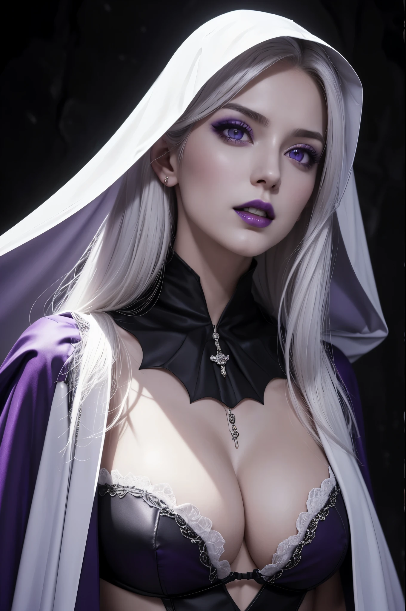 8k,A hyper-realistic,(masutepiece, Best Quality) Daniela Dimitresc, 1womanl, white  hair,Looking at Viewer, Open mouth, Blonde hair, Background, cleavage, real looking skin,Jewelry, medium big breasts, Underwear, Looking, Upper body, flower,black wings, Show fangs, hoods, Necklace, Cape, Bra, makeup, bug, lip stick,Inside the dark cave, Pedras preciosas, pale skin, veils,紫色の hoods up, Realistic, Black lips,超A high resolution,Purple Flame(purple effect),Sexy costume,resident of the underworld,