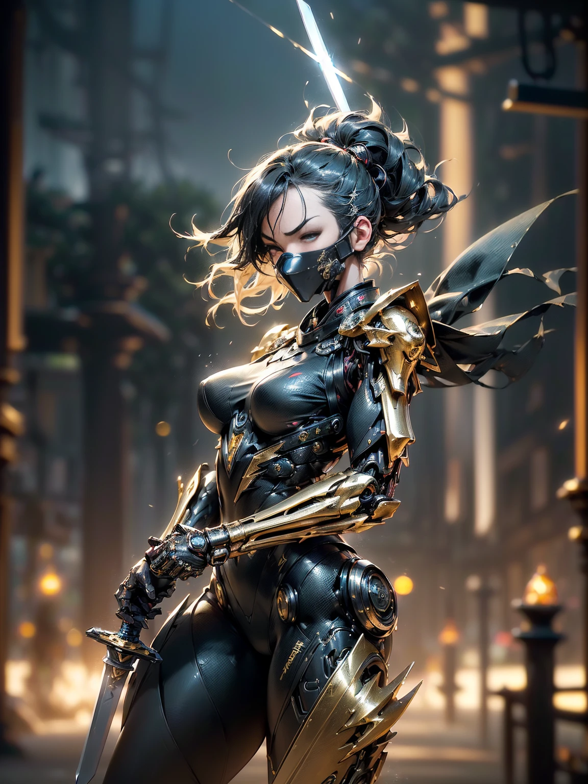 woman wearing ninja armor, (((Holds a sword enchanted with wind in her right hand:1.3))), (((She holds a sword enchanted with lightning in her left hand.:1.3))), (tactical open face mask:1.3 ), (black and gold body:1.5), (Sensually:1.4), (large and full breasts:1.3), (long legs:1.1), (A detailed look:1.3), (A detailed face:1.3), ( weapons detailed:1.3),(body detailed:1.3), (full bodyesbian:1.5), ((The background is thunder and wind:1.5)), ((blur backgroun:1.3)), realistic, (((masterpiece, extremely detailed, cybernetic ninja costume, hard surface)))
