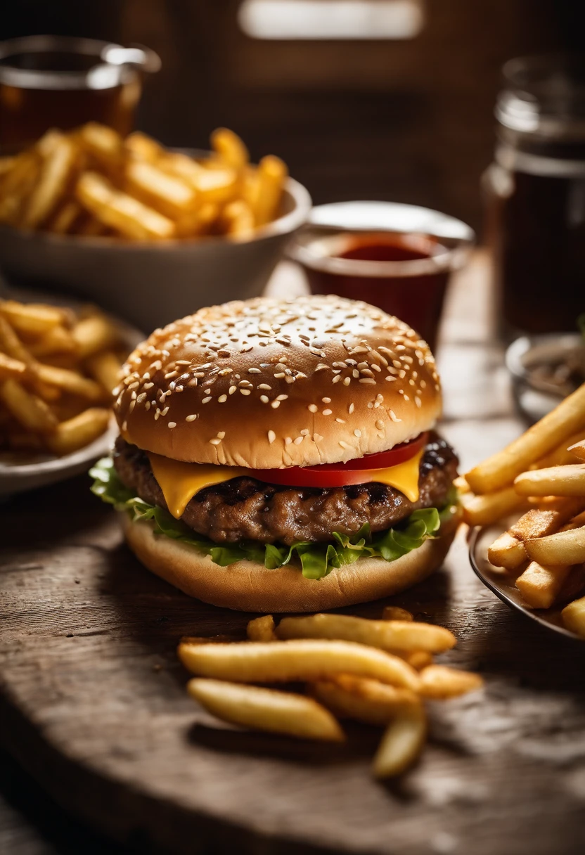 a top-down shot of a cheeseburger on a rustic wooden table, with sesame seeds sprinkled on the bun and a side of crispy golden fries, creating a classic American diner aesthetic