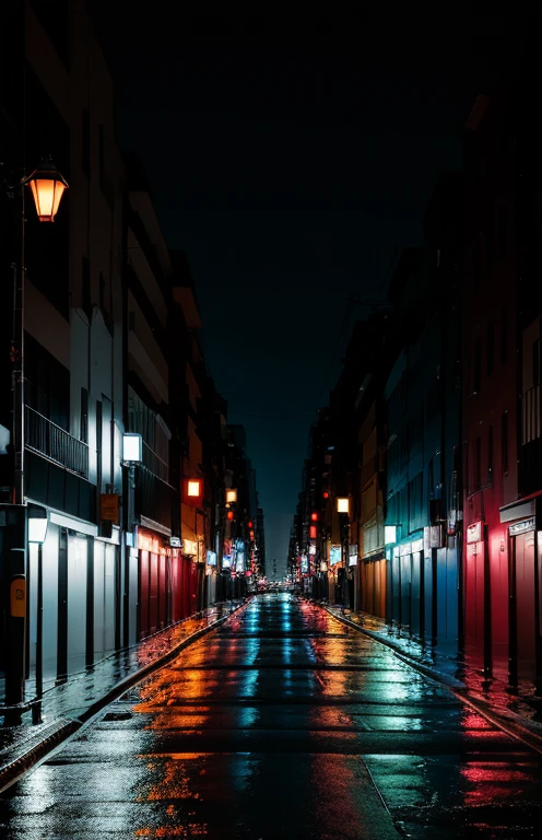 Calle solitaria, aliado solitario, Tokio, movie night city, empty street, Japan, new york, light signs, lluvia ligera, reflejar el agua, intrincado, hiperdetallado, realista, semi-realista, alta calidad, semi-detalle, detallado, photographic semi-realism, 8k, digital drawing, night,