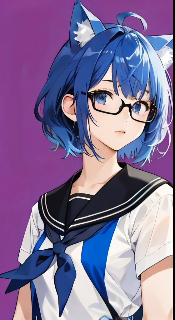 High 、Blue-haired、cat ear、Round glasses、cute little a beauty girl、もう少し薄いBlue-haired、Put purple mesh in your hair、The color of the sailor suit is black、The sailor suit has a ribbon and is red.、Middle short、Hair is a little shorter、Yurucamp style、Glasses rim color black、