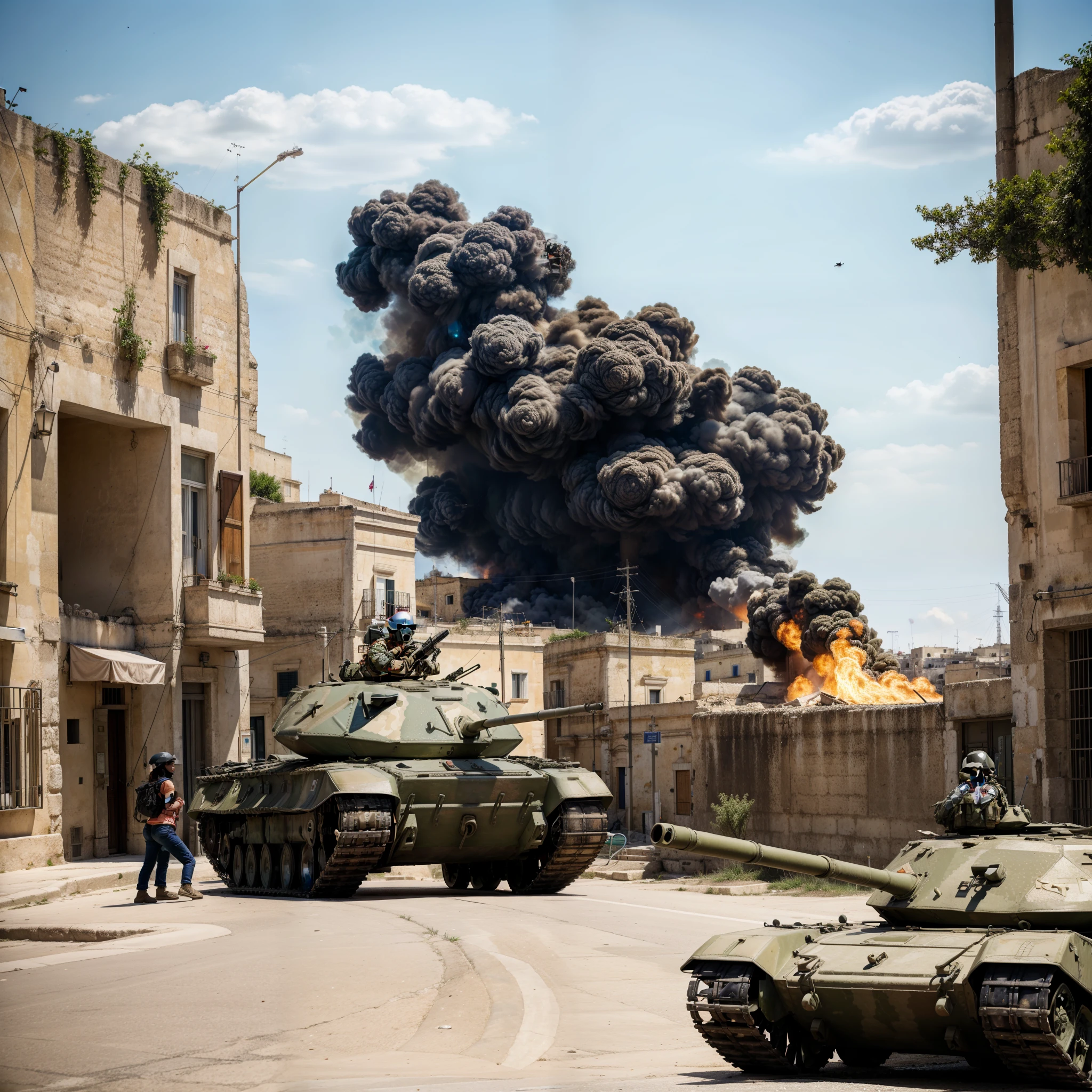 1woman and her baby suffering attacks of tanks. A tank tears down a 5G antenna in Matera. Military tanks run down the streets of Matera, bombing around, people scream and run, terror on their faces, sunny day, (yes NSFW), sassi_di_matera on background, cathedral in fire and smoke, girls and boys hiding from the tanks. (A tank tears down a 5G antenna). mybeauties. a 5g antenna in Matera is knocked off by a military tank. landscape view