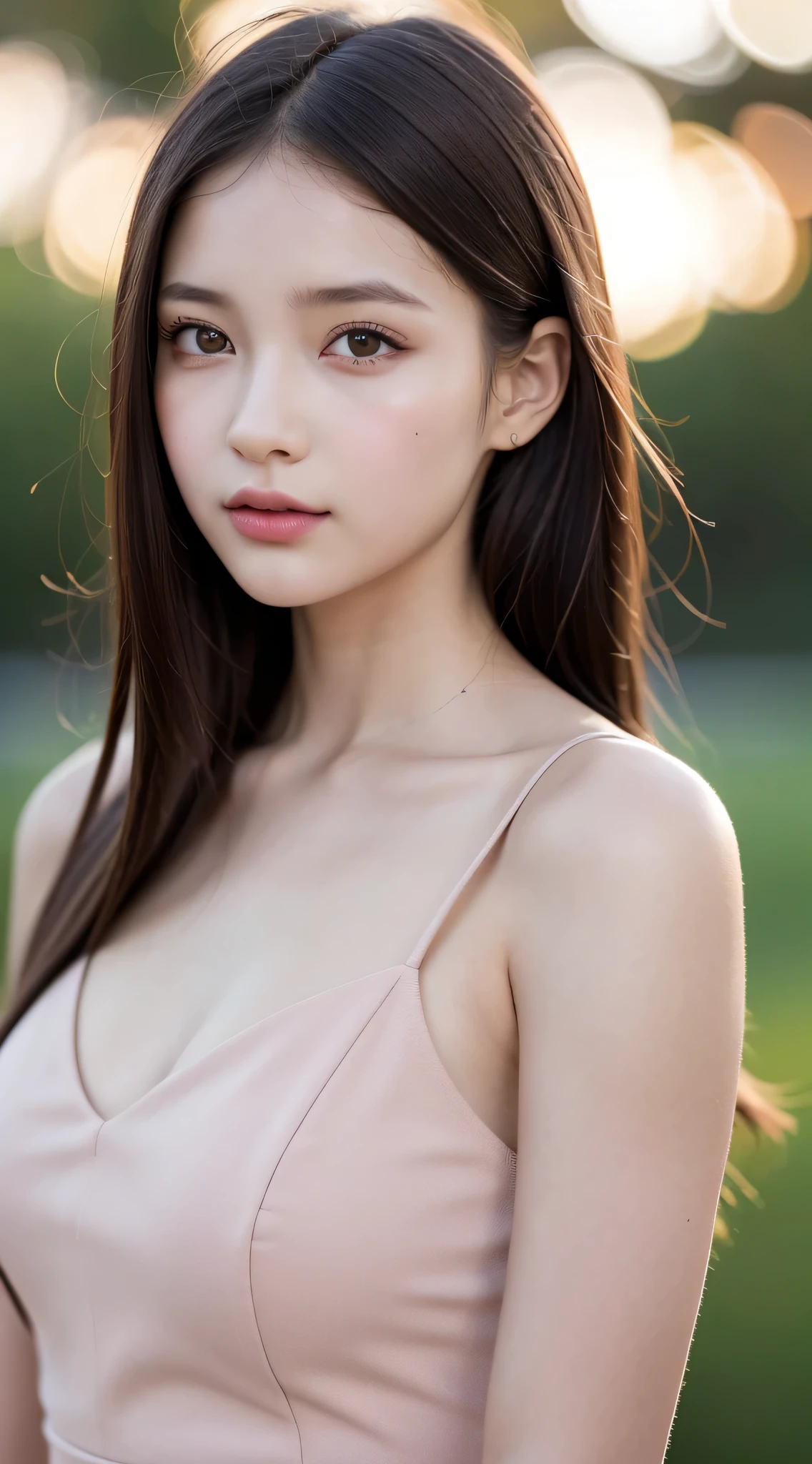 (Best Quality), (Ultra-detailed), (Lastration), (Detailed light), (extremely delicate and beautiful), ung girls, Brown hair, Brown eyes, Model, Bare shoulders, Best Quality, extremely detailed CG unified 8k wallpaper, High-definition raw color photos, professional photograpy, (((Bokeh))), depth of fields, Twilight, Sunset,