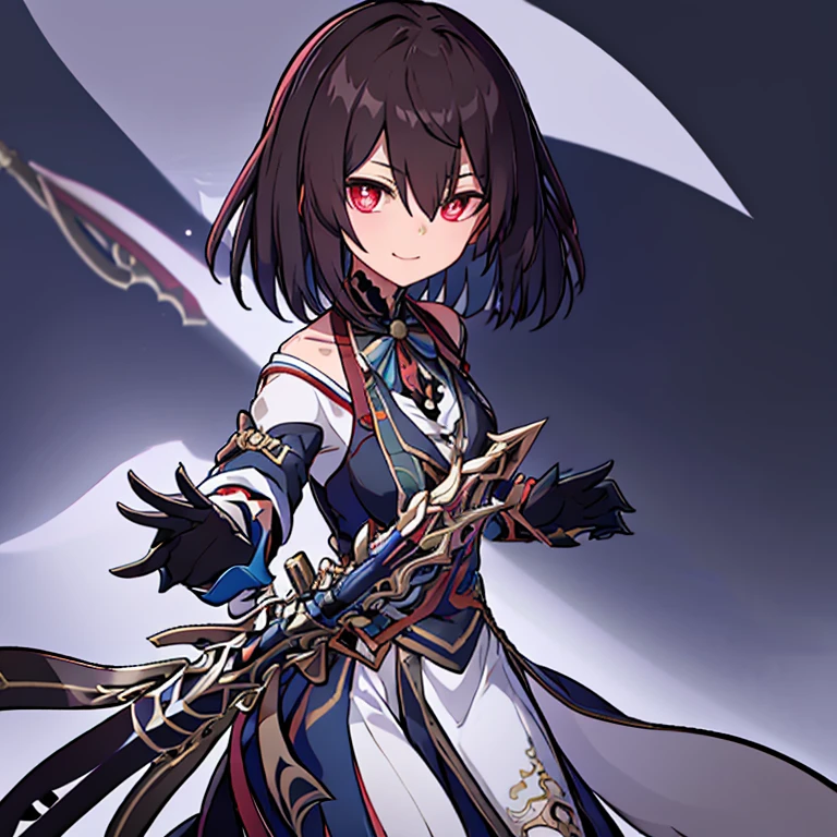 xueyihsr, looking at viewer, smile, gloves, holding,  weapon, black gloves, dual dagger, holding weapon, glowing, holding dual dagger