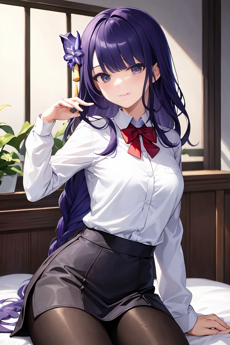 ((tmasterpiece, Best quality at best)),8K,indoor ,1 Raiden General,beak_catch,(white shirt:1.2) ,looking at viewert,a slender waist, Use pantyhose, sexy for