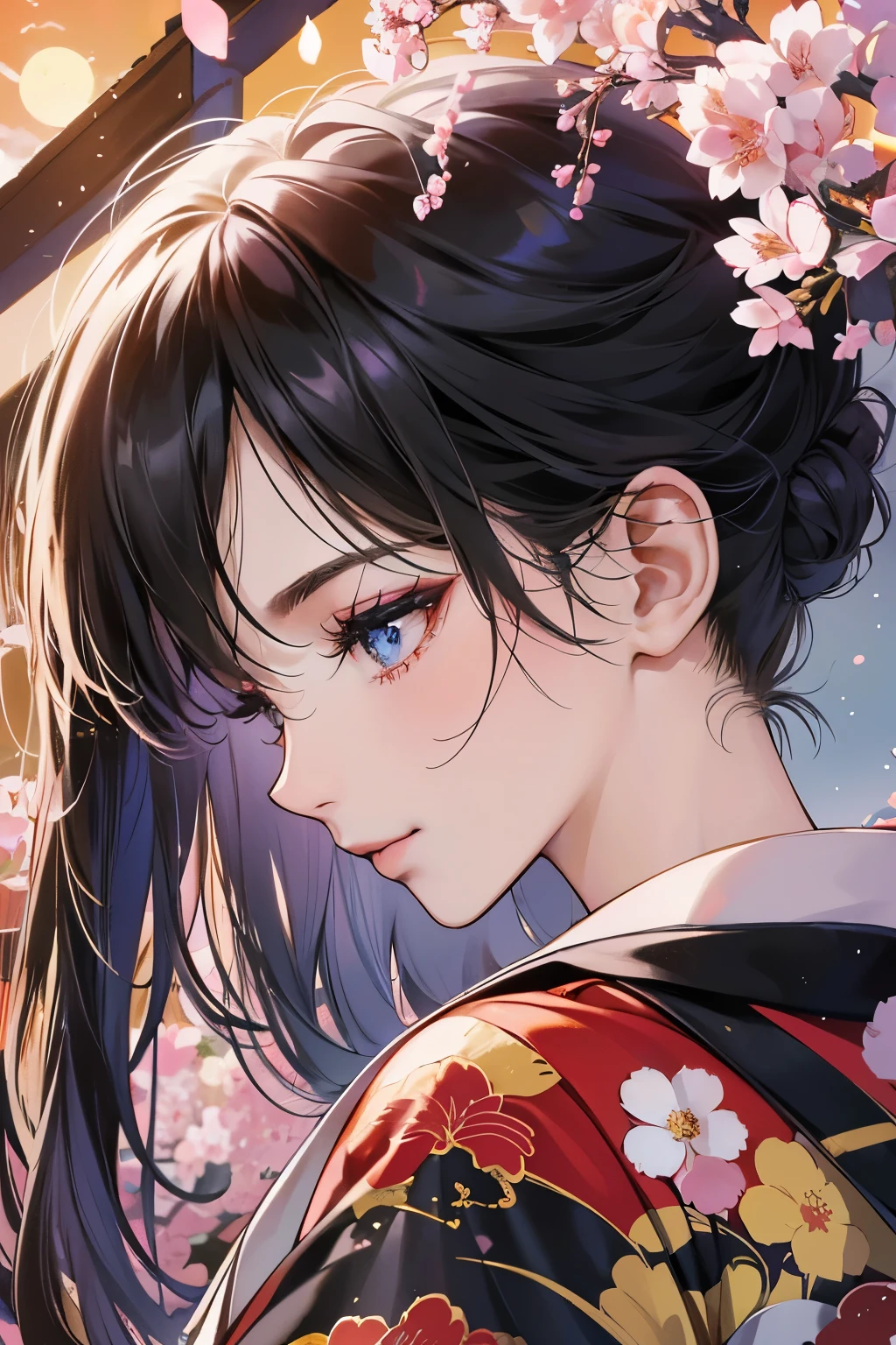 (masutepiece, Digital Art, Digital Illustration, 4K, 8K, Ultra-detailed, beautiful image, Sharp Image, Photorealistic, Raw photo, Perfect face, Perfect lines, Perfect eyes, Soft lighting) ,1 woman, (Black hair,straight haired,Bullish gaze,Beautie,ellegance,Solid makeup,23 y-o woman,small tits:1.3),スーツ姿のハンサムなember性2人, (ember,ember性はスーツ姿,well-muscled,Firm shoulder width, emberの,Boyish hairstyle,English gentlemanly style,クールな表情の30代ember性,明るい笑顔の28歳ember性:1.2),Show white teeth and smile(embarrassed from,Shy smile:1.1),(Nervous,be shy,sleepy,embarrassed from:1.1),a couple、a coupleキス、Romance、Japanese style kimono、Furisode、Flower Street、bright々light illuminated with、lantern、Wandering girl、whore、Broken kimono、Luxurious kanzashi、Sunrise