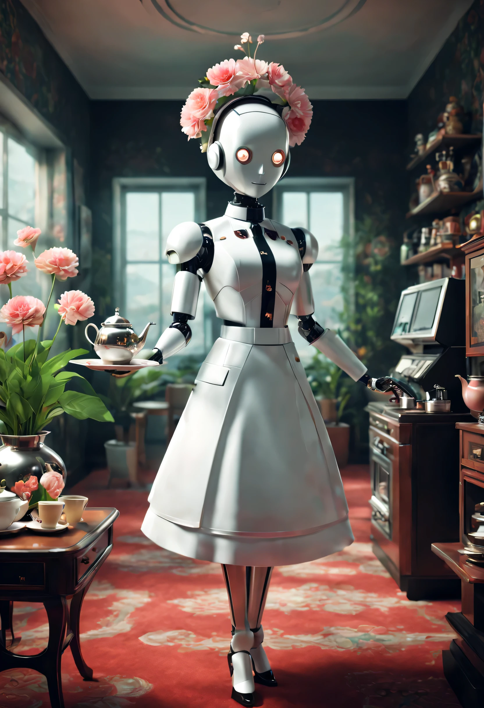 Retro-Future: Robot butler in retro costume makes tea in surreal living room,There are strange flowers in the living room,The head is equipped with a high-definition analog face display,Warm and friendly smile,Wearing a holographic white butler uniform skirt suit,Future character design,sci-fy,Black technology,3D ,cyber punk personage,