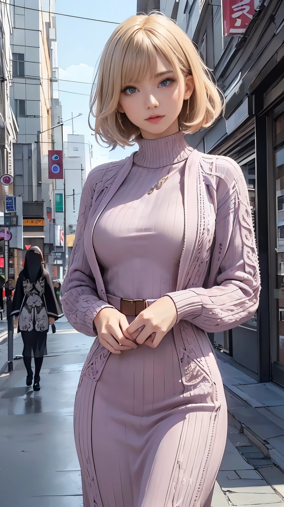 Winter in Japan, natural perm bob, (Blonde with pink inner color), She has beautiful sparkling purple eye color, ​masterpiece, Best Quality,(Photorealistic: 1.4),Ultra High Resolution, unity 8k, (Beautiful detailed eyes:1.6),Symmetrical, extra detailed face, Perfect Lighting, (Perfect hands, Perfect Anatomy), (Background in the city:1.3), ((maxi knit dresses and gown coats:1.3))