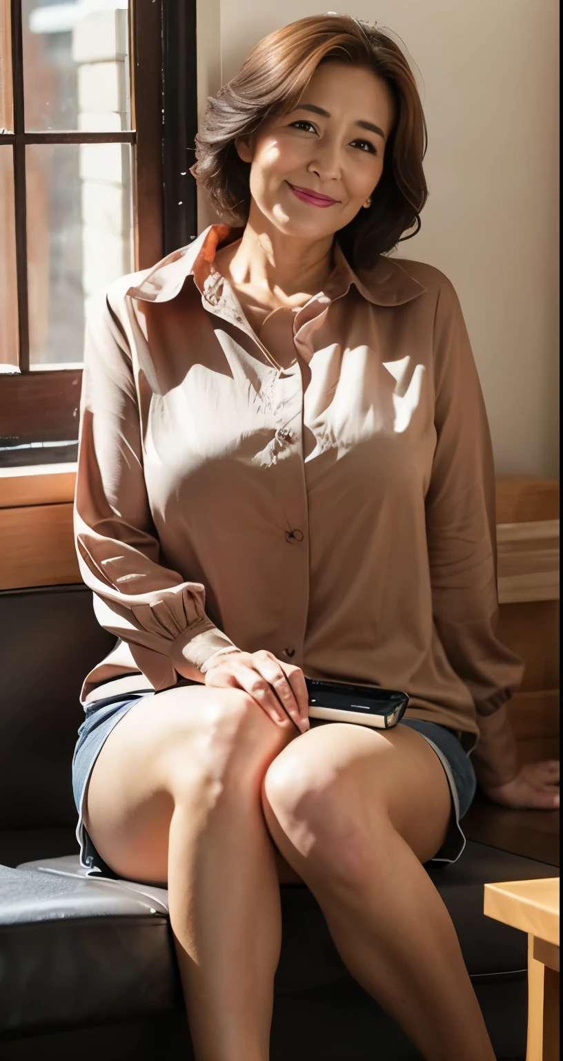 47 years old,Elegant femininity,happy and charming,Fine wrinkles at the corners of the eyes,whitet-shirt