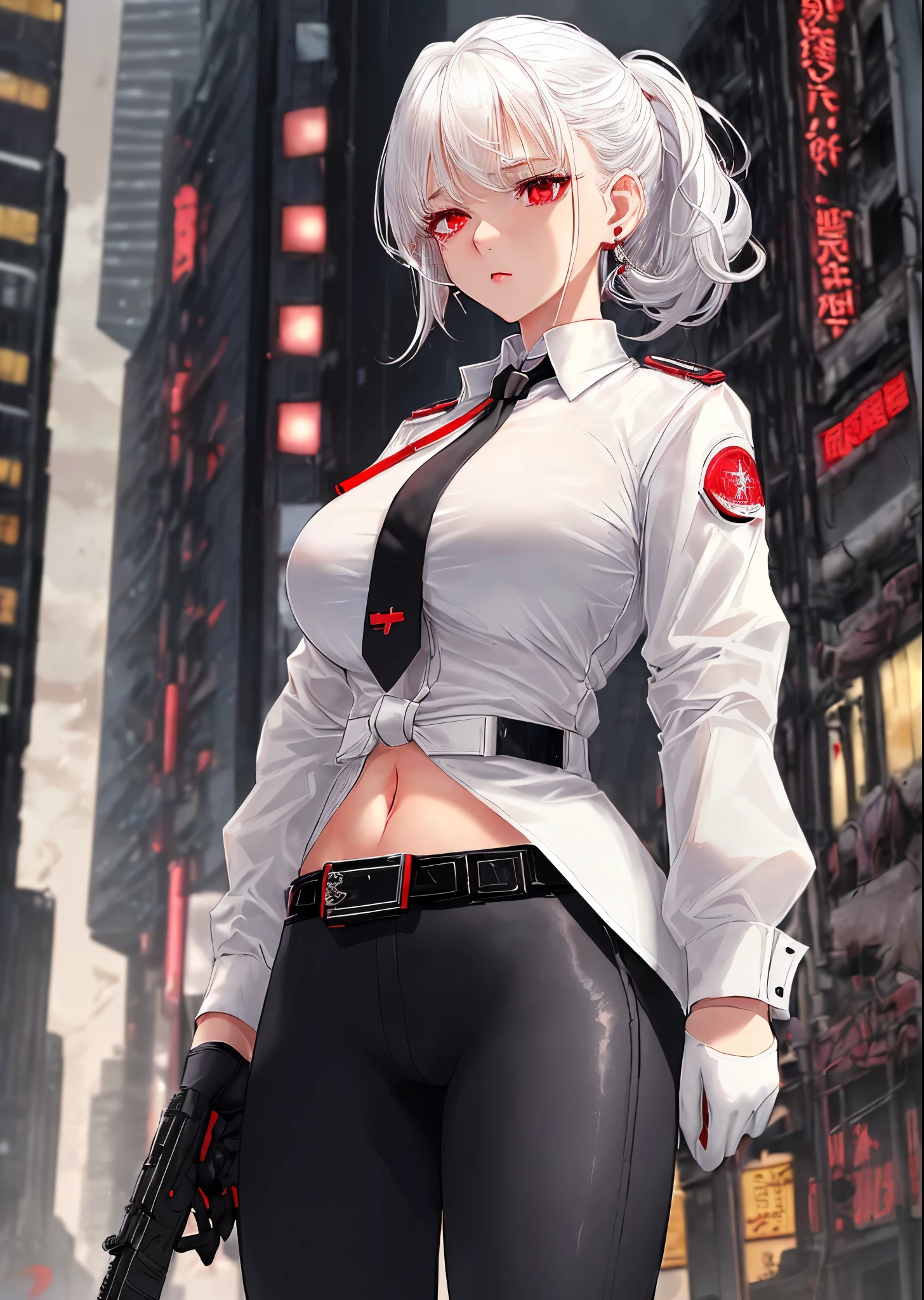 1girl, close up shot, (white hair, medium hair, large breasts, red eyes), perfect anatomy, city, cyberpunk style, ((white shirt, black jacket, black skirt, navel, belt, black gloves, neck tie, wrist watch, earrings, see through black leggings)), ((holding gun)), war, ruined city, battle field, rubble, buildings