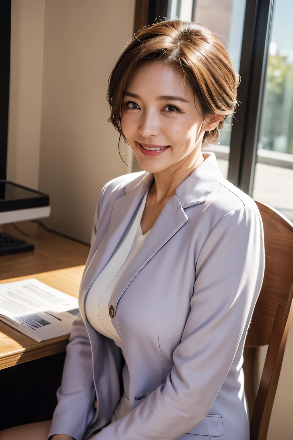 (Masterpiece: 1.4), High resolution, realistic,, photo-realistic, clear, professional lighting,Highest quality, RAW, 8K, (50 year old woman: 1.4), (Face wrinkles: 1.4), Beautiful woman, (Suits: 1.4), (Smile: 1.3), (Beautiful woman: 1.3 ), office, daytime, pleasant breeze, bright sunlight, desk, chair, Japanese mature woman, blouse, asian girl, boobies, Young beauty spirit , JeeSoo , eungirl
