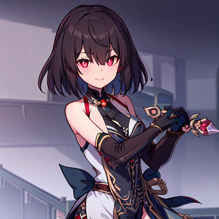 xueyihsr, looking at viewer, smile, gloves, holding, black gloves, dual dagger, glowing, holding dual dagger