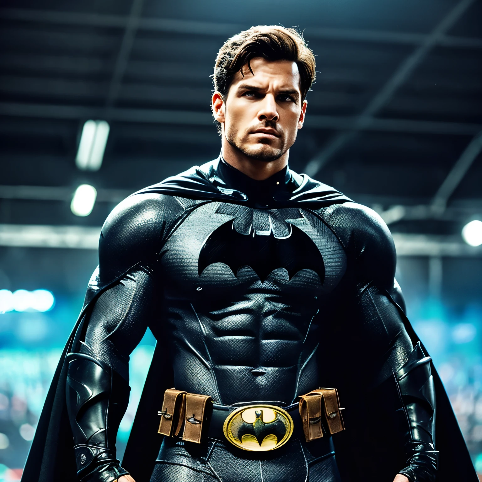 Papel de parede, batman, ultra musculoso , sombrio,nevoeiro,batmovel,qualidade alta, 4k, realismo,roupa de combate