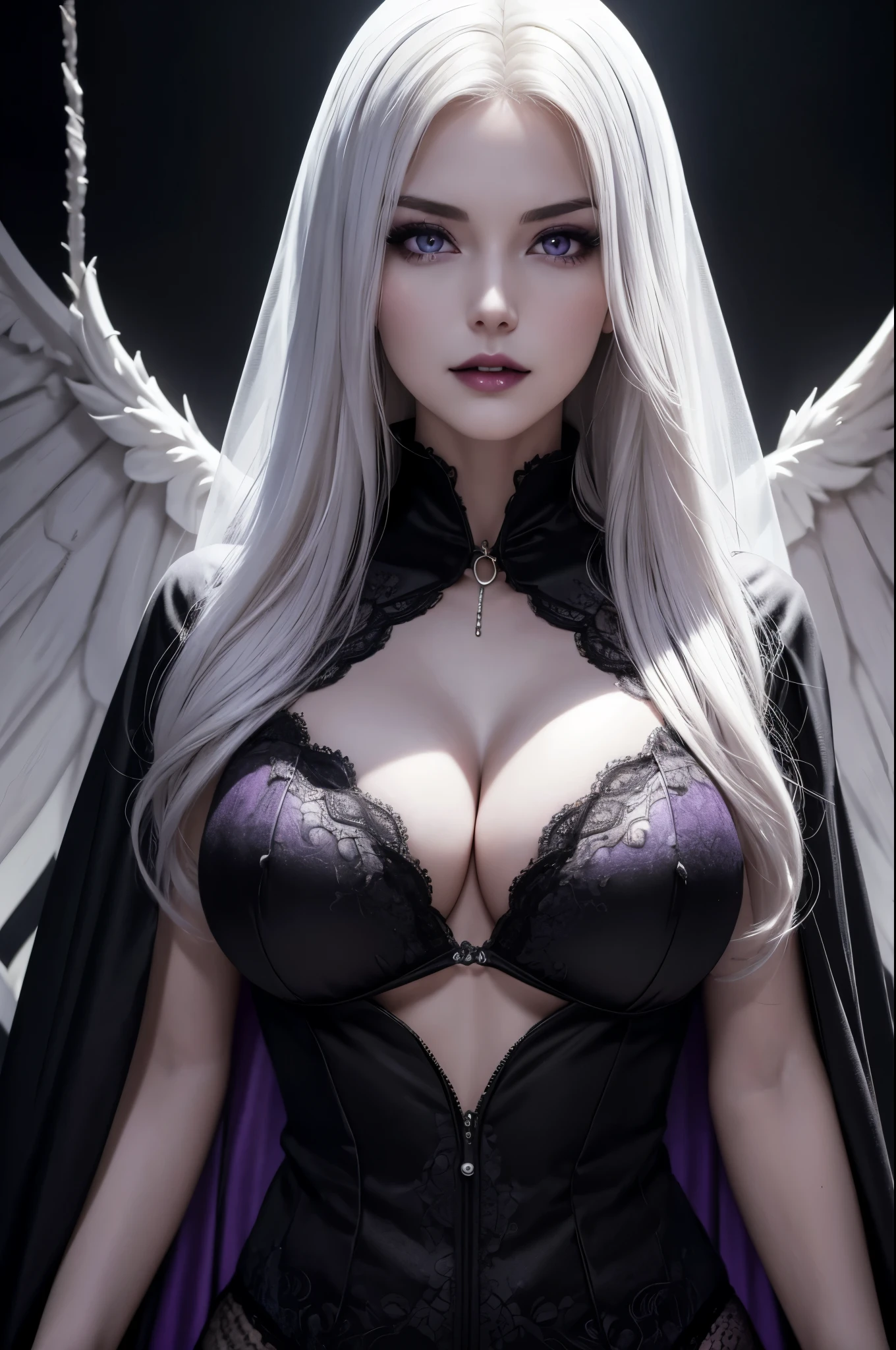 8k,A hyper-realistic,(masutepiece, Best Quality) Daniela Dimitresc, 1womanl, white  hair,Looking at Viewer, 開いた口からShow fangs, Blonde hair, Background, cleavage, real looking skin,Jewelry, very large , , Looking, Upper body, flower,black wings, Show fangs, hoods, Necklace, Cape, Bra, makeup, bug, lip stick,Inside the dark cave, Pedras preciosas, pale skin, veils,紫色の hoods up, Realistic, Black lips,超A high resolution,Purple Flame(purple effect),Sexy costume,resident of the underworld,