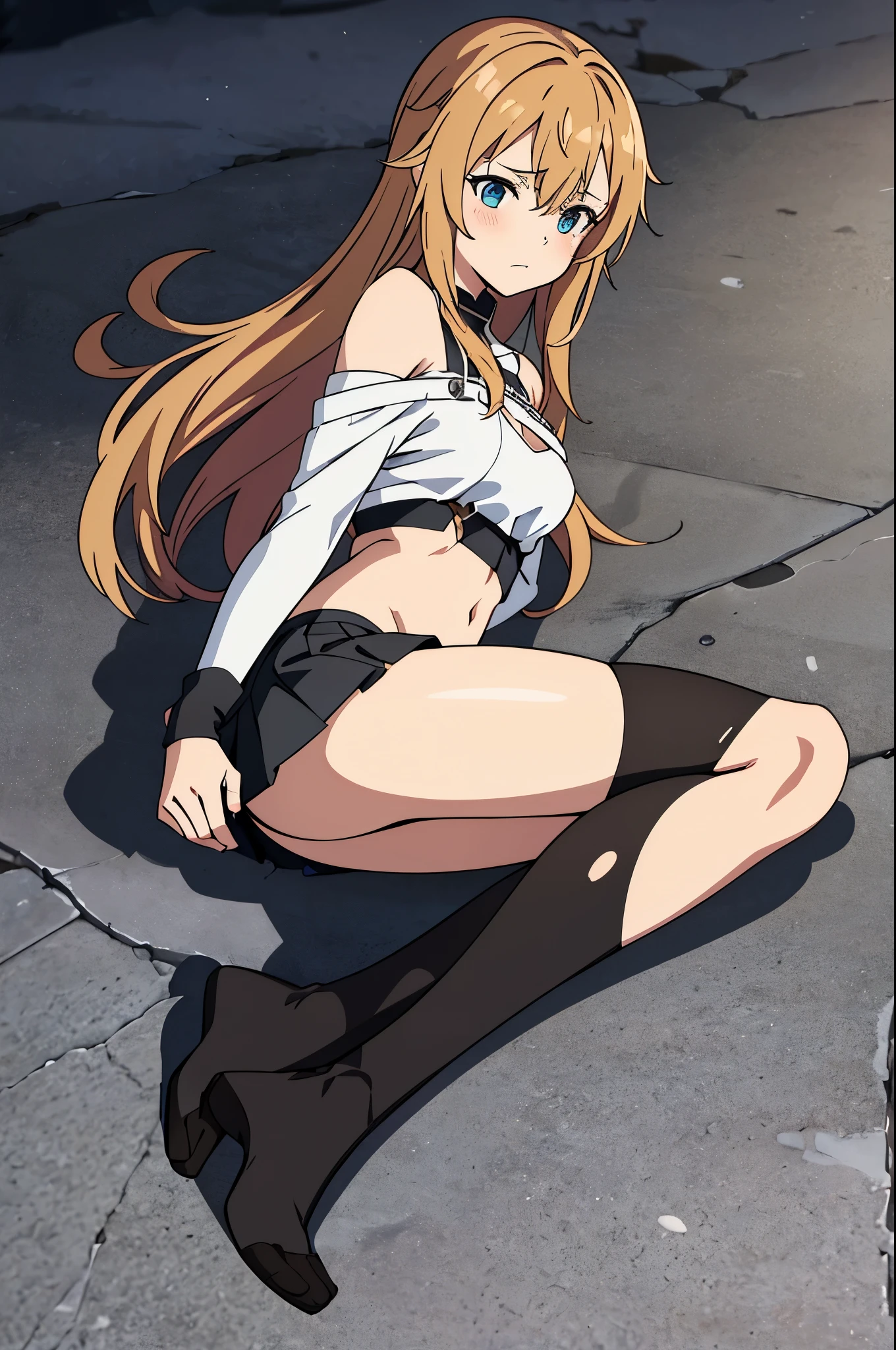 1woman, brunette hair, sword art online asuna face, hair covering right eye, blushing, ripped up spaggethi strap crop top, pleated black ripped skirt, detaily ripped off black tigh-highs, her thigh-highs being shrdedded, getting her clothes ripped to shreds, all destroyed and ripped off clothing, no shoes, laying on back in fetel postition, scracthed and bruised and bleeding, dungeon background, low health points, ryona, beat up girl, near death, fom above