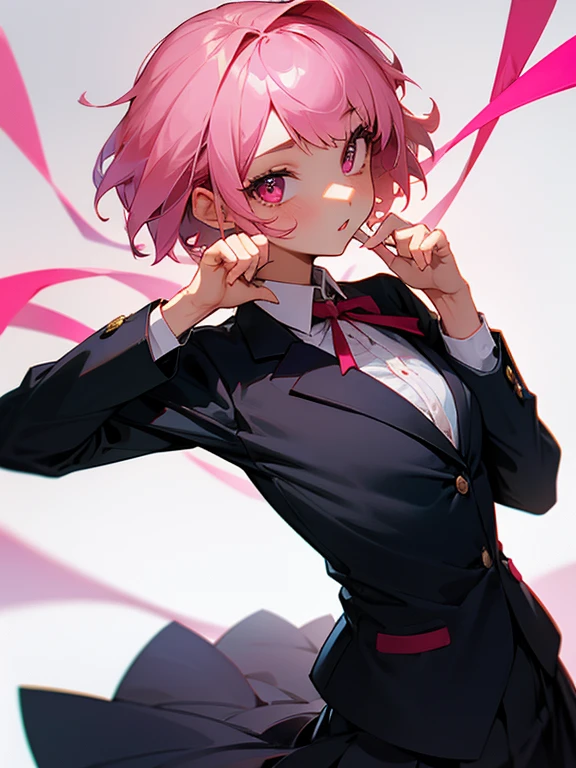 2d, masterpiece, best quality, anime, highly detailed, cowboy shot, 1girl, solo, natsuki, pink eyes, pink hair, medium hair, two side up, hair ribbon, hair ornament, , black leggings, leggings