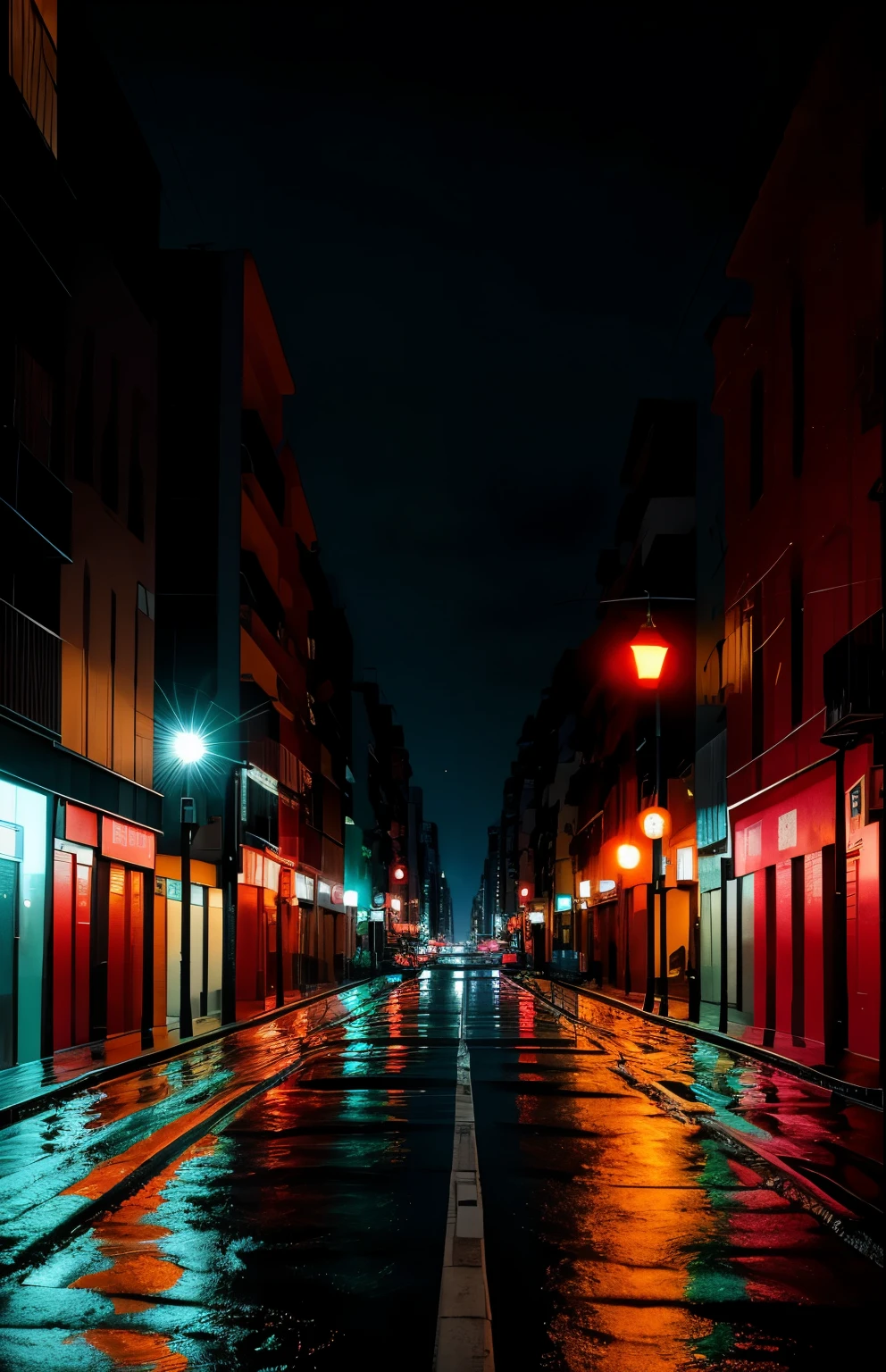 Calle solitaria, aliado solitario, Tokio, movie night city, empty street, Japan, new york, light signs, lluvia ligera, reflejar el agua, intrincado, hiperdetallado, realista, semi-realista, alta calidad, semi-detalle, detallado, photographic semi-realism, 8k, digital drawing, night,
