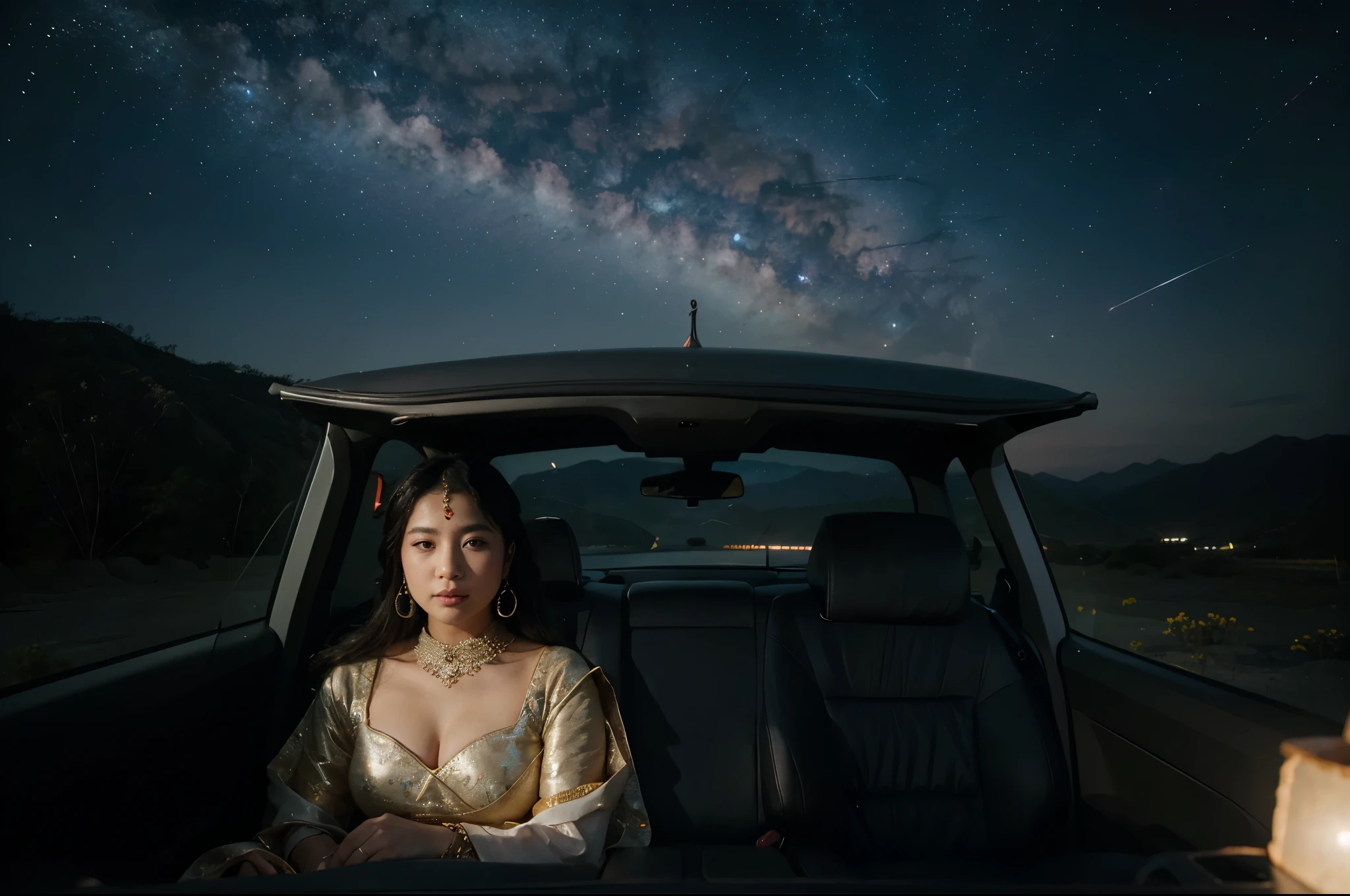 25 years old Korean aunty in Rajasthani gown at the UFO cabin and driving through nebula stars