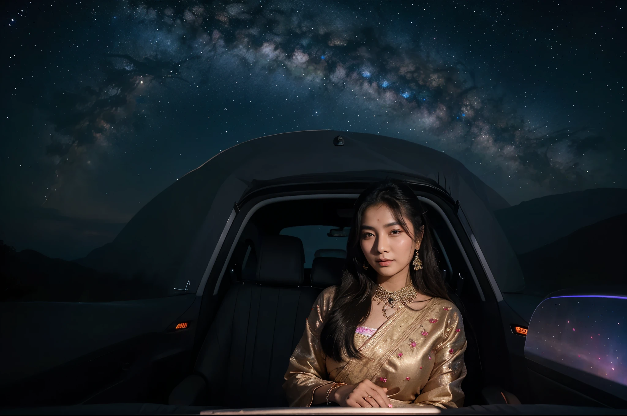 25 years old Korean aunty in Rajasthani gown at the UFO cabin and driving through nebula stars