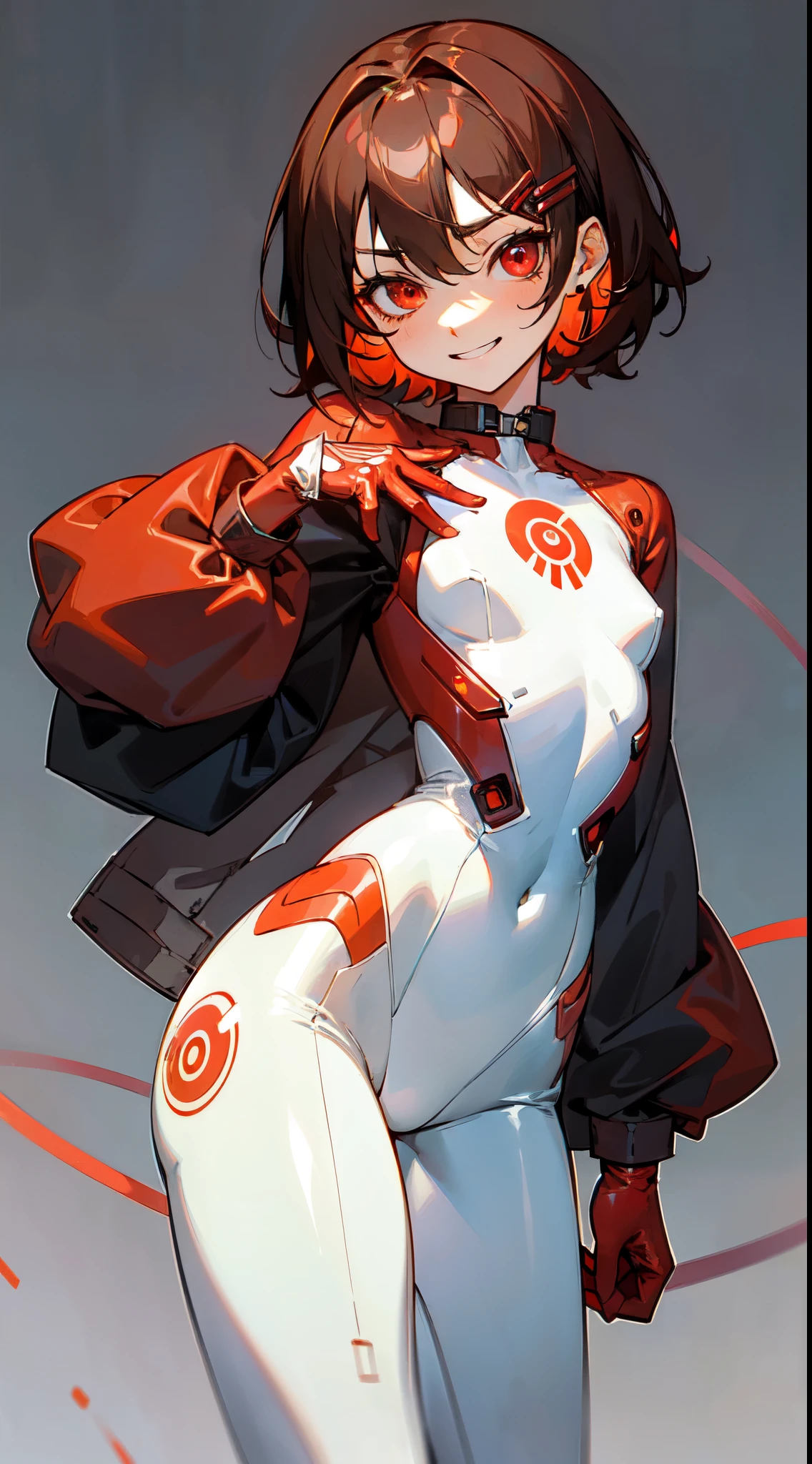 (( gray background)), (masterpiece, sidelighting, finely detailed red eyes: 1.2), ((best quality)), ((masterpiece)), (highly detailed:1.3), anime, girl, small chest, childish body, (bodytight shirt with spiral on breasts), cropped jacket with long sleeves, oversized jacket, (red glove on right hand, white glove on left hand, latex gloves), closed neck, pale skin, (shadowed eyes, darkened eyes), (smirk, mischevious grin), (short-medium hair, brown hair, messy haircut, hair between eyes, hairclips on left side), ((red spirals on legs, white plugsuit, glowing core on chest)), robotic legs, earrings, red tatto on left hand, circles on left hip, solo, 1girl, futuristic suit,