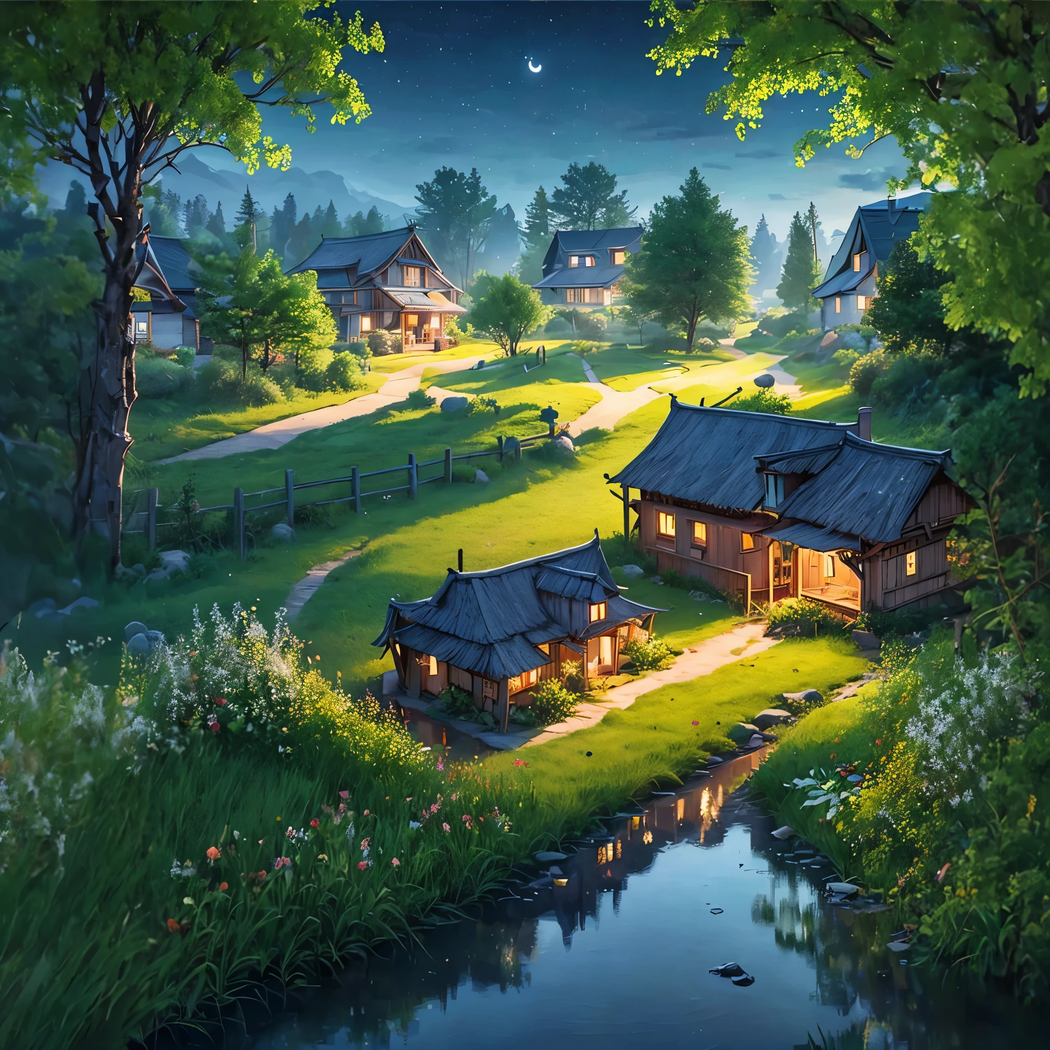 nighttime scene of a house in a forest with a path leading to it, calm night. digital illustration, beautiful house on a forest path, background artwork, cottage in the forest, 4k highly detailed digital art, solitary cottage in the woods, house in forest, nightime village background, house background, cottage in the woods, 4k detailed digital art