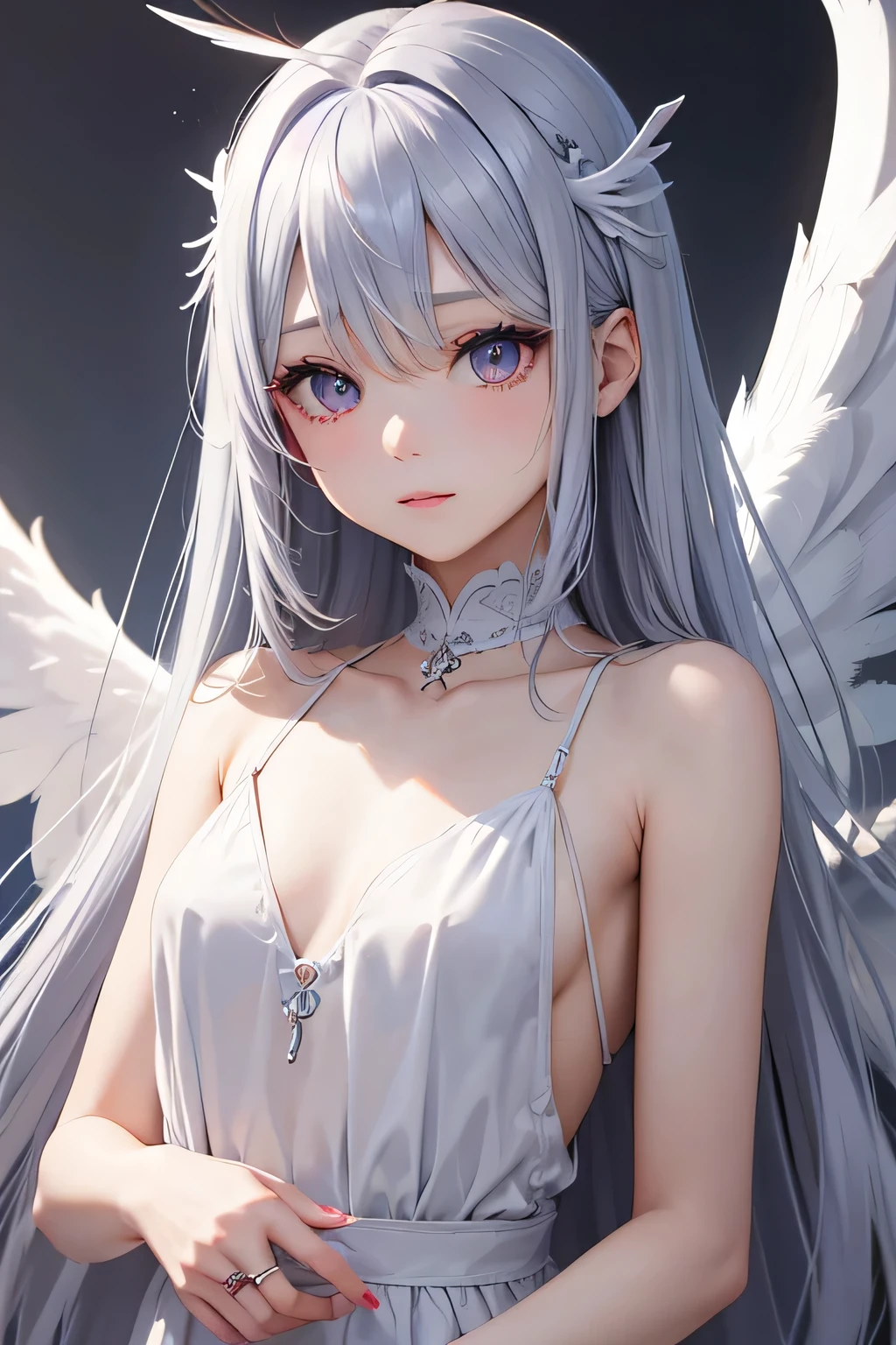 silber hair、The right eye is blue、The left eye is an odd red eye。she wears little angel wings and an angel ring.。