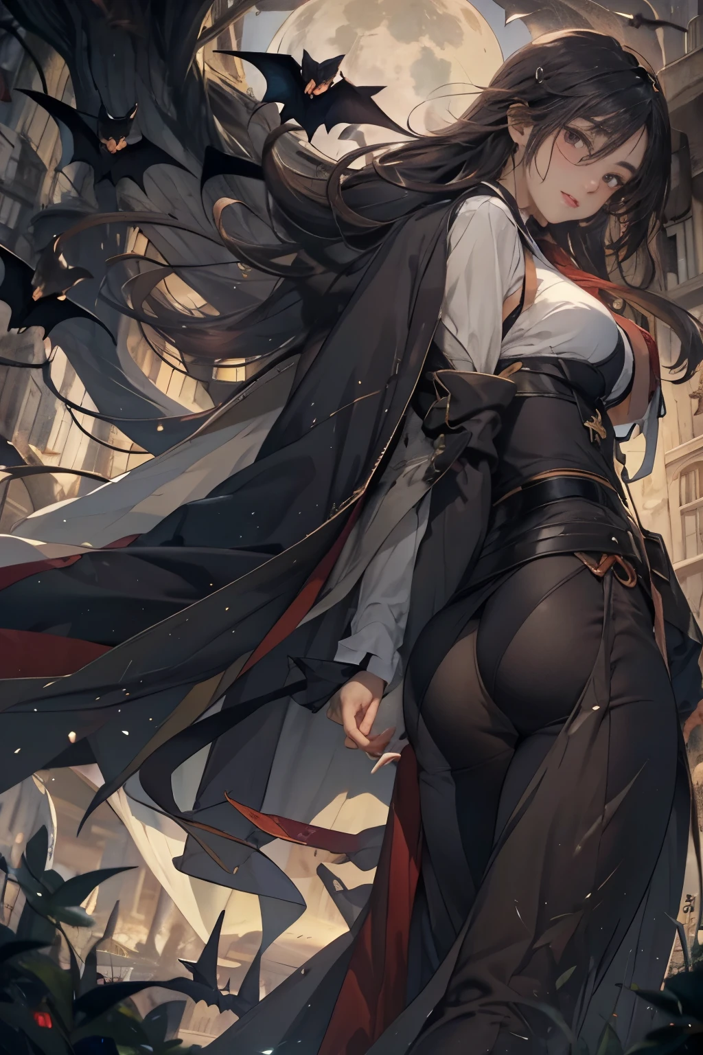 (maestropis)、(Calidad de imagen superior),Mujer vampiro sonriendo por la noche、Los colmillos son visibles、Cara limpia、、Vestimenta de la nobleza de la Edad Media、con una capa negra、FOTO DE CUERPO COMPLETO、breast size:1.2,Noche iluminada por la luna de fondo、Bats are flying