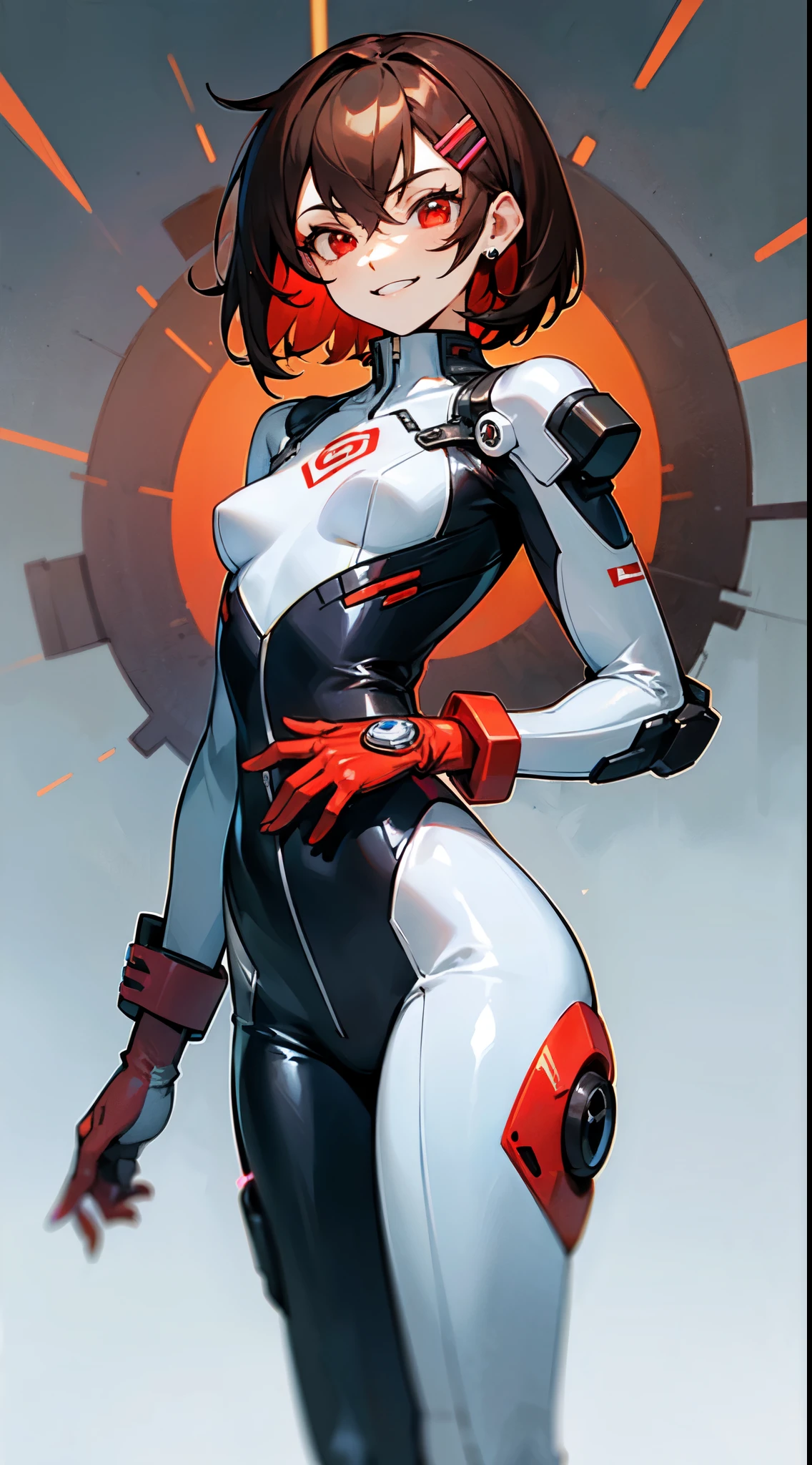 (( gray background)), (masterpiece, sidelighting, finely detailed red eyes: 1.2), ((best quality)), ((masterpiece)), (highly detailed:1.3), anime, li girl, small chest, childish body, (bodytight shirt with spiral on breasts), cropped jacket with long sleeves, oversized jacket, (red glove on right hand, white glove on left hand, latex gloves), closed neck, pale skin, (shadowed eyes, darkened eyes), (smirk, mischevious grin), (short-medium hair, brown hair, messy haircut, hair between eyes, hairclips on left side), ((red spirals on legs, white plugsuit, glowing core on chest)), robotic legs, earrings, red tatto on left hand, circles on left hip, solo, 1girl, futuristic suit,