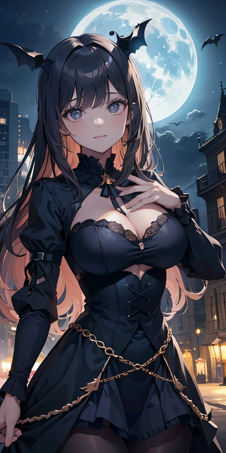(maestropis)、(Calidad de imagen superior),Mujer vampiro sonriendo por la noche、Los colmillos son visibles、Cara limpia、、Vestimenta de la nobleza de la Edad Media、con una capa negra、FOTO DE CUERPO COMPLETO、breast size:1.2,Noche iluminada por la luna de fondo、Bats are flying