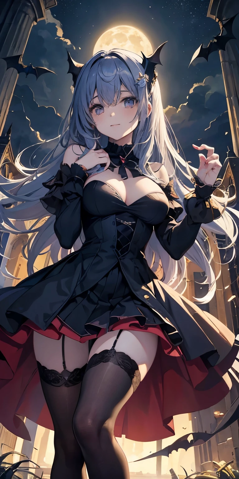 (maestropis)、(Calidad de imagen superior),Mujer vampiro sonriendo por la noche、Los colmillos son visibles、Cara limpia、、Vestimenta de la nobleza de la Edad Media、con una capa negra、FOTO DE CUERPO COMPLETO、breast size:1.2,Noche iluminada por la luna de fondo、Bats are flying