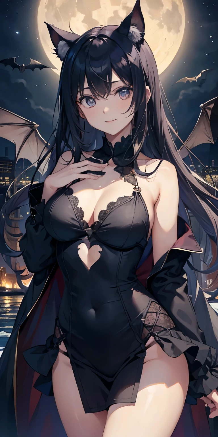 (maestropis)、(Calidad de imagen superior),Mujer vampiro sonriendo por la noche、Los colmillos son visibles、Cara limpia、、Vestimenta de la nobleza de la Edad Media、con una capa negra、FOTO DE CUERPO COMPLETO、breast size:1.2,Noche iluminada por la luna de fondo、Bats are flying