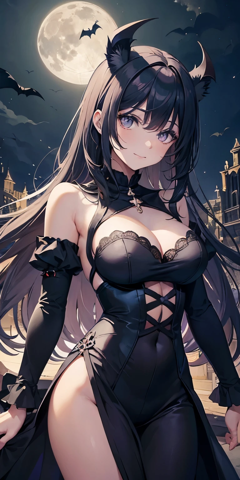(maestropis)、(Calidad de imagen superior),Mujer vampiro sonriendo por la noche、Los colmillos son visibles、Cara limpia、、Vestimenta de la nobleza de la Edad Media、con una capa negra、FOTO DE CUERPO COMPLETO、breast size:1.2,Noche iluminada por la luna de fondo、Bats are flying