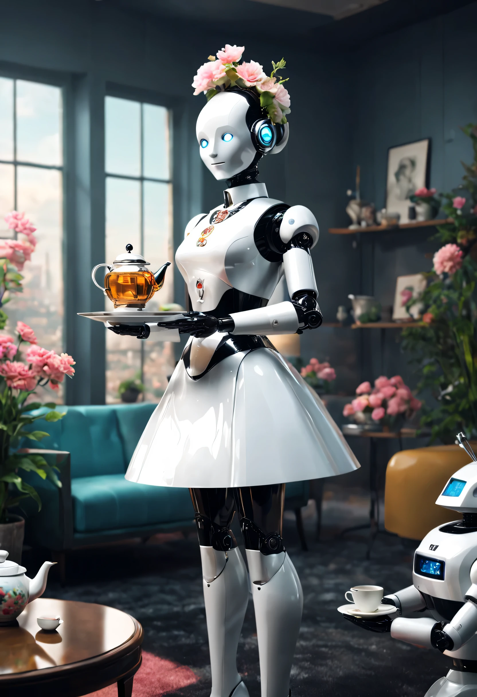 Retro-Future: Robot butler in retro costume makes tea in surreal living room，There are beautiful flowers in the living room，The head is equipped with a high-definition analog face display，Warm and friendly smile,Wearing a holographic white butler uniform skirt suit，Future character design，sci-fy，Black technology，3D ，cyber punk personage，