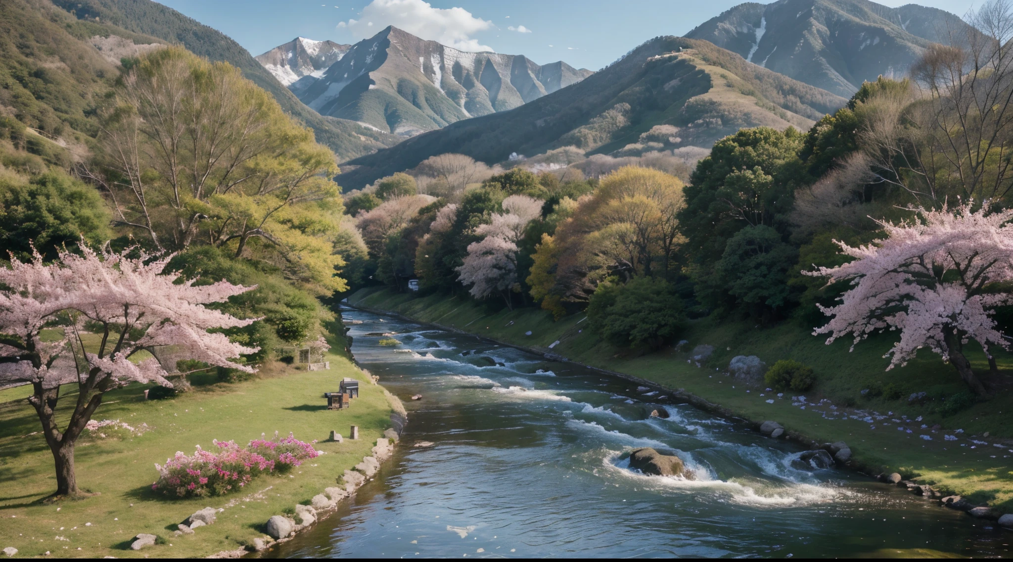 "Generate a picturesque scene featuring a teen couple sitting in a vibrant field, surrounded by the beauty of nature. Envision a massive sakura flower tree standing tall behind them, showering delicate blossoms. The landscape unfolds with a majestic mountain in the distance, a flowing river connecting to a hill, and a quaint village nestled to the left. Capture the essence of serenity and romance as the teens enjoy the tranquil atmosphere, with blooming flowers gently falling around them. ((high quality)) ((landscaped)) ((scaledup))