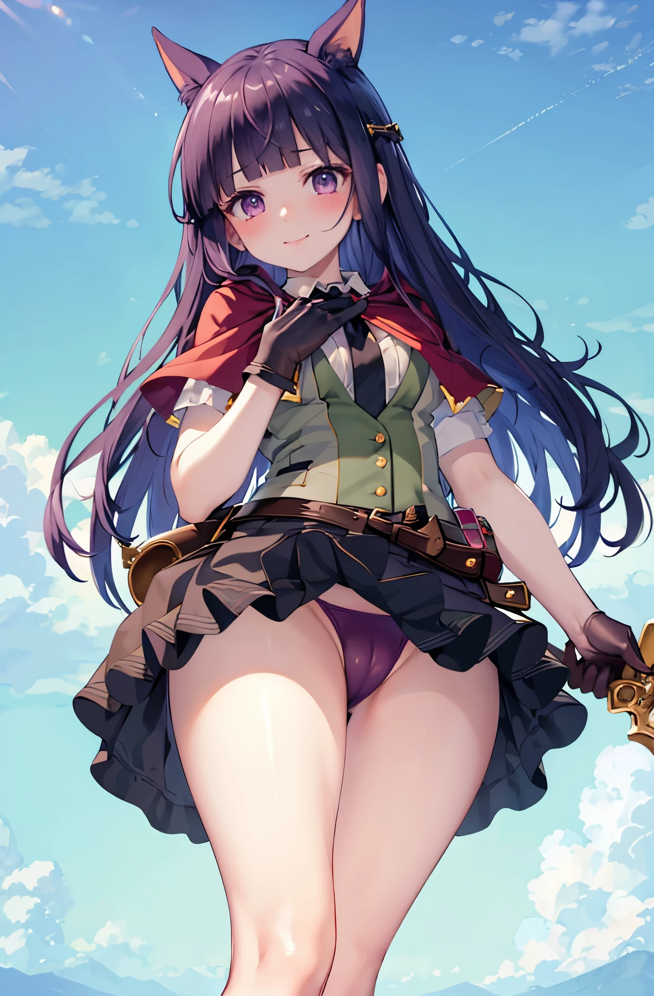 (((masterpiece))),highres,absurdreest quality))),official art,looking at viewer,leaning forward,hand on own chest,1girl,kasumiprcn,dog ears,animal ear fluff,long hair,blunt bangs,capelet,green vest,collared shirt,necktie,black skirt,pleated skirt,gloves,belt,blush,light smile,from behind, focus,bike shortike shorts under skirt),skirt,(cameltoe)