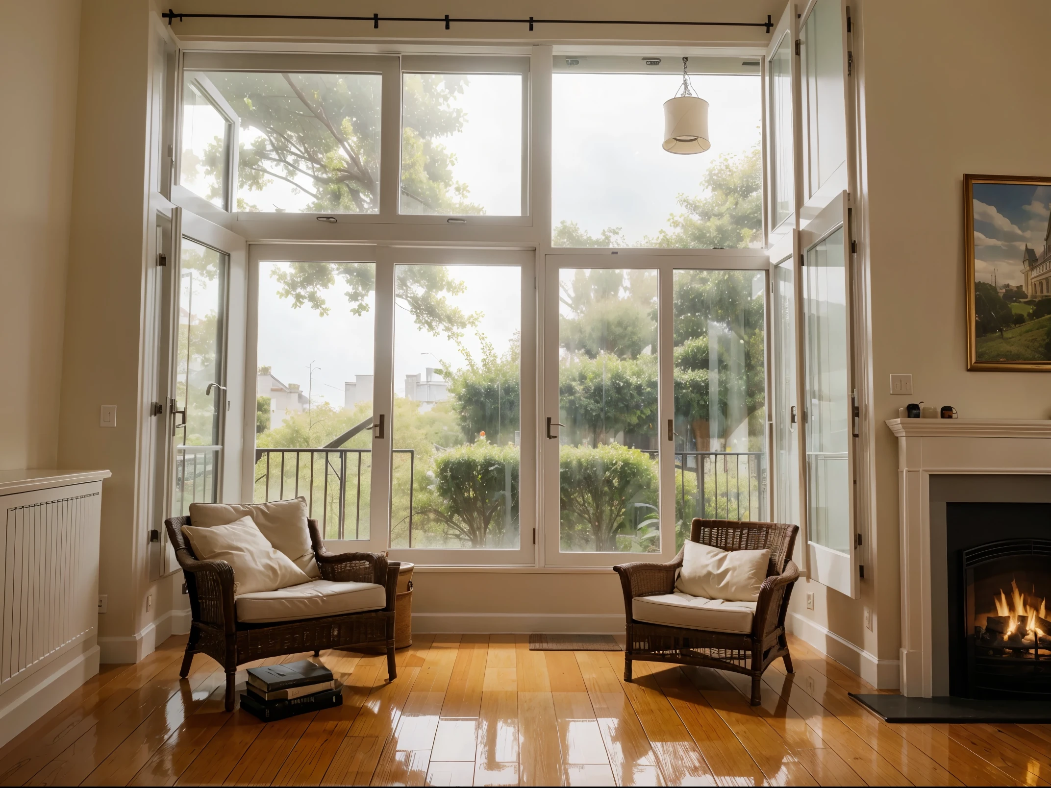 Cozy Reading Nook: A cozy corner with a book, a cup of tea, and a rain-soaked window in the background, creating a perfect setting for relaxation.