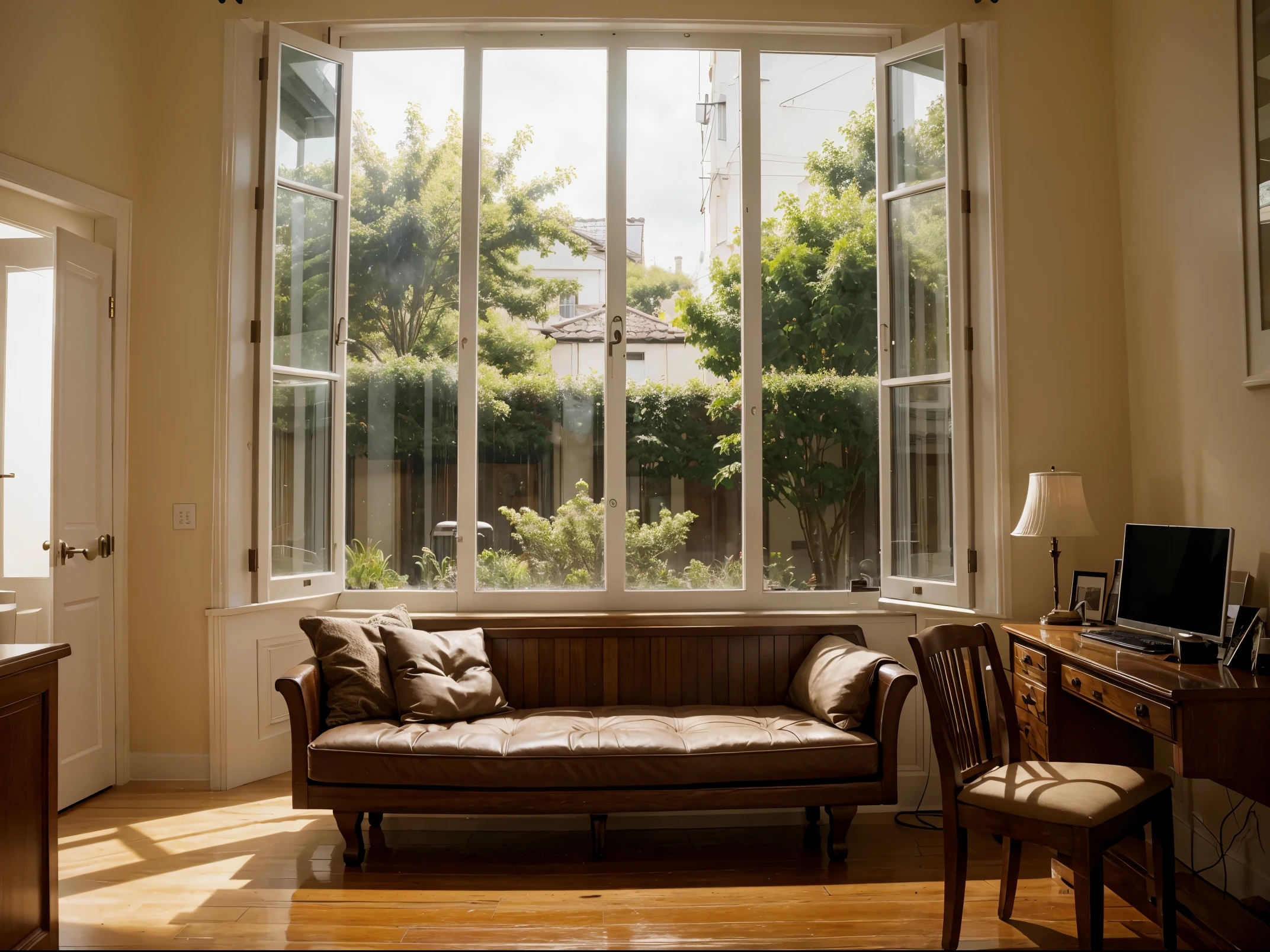 Cozy Reading Nook: A cozy corner with a book, a cup of tea, and a rain-soaked window in the background, creating a perfect setting for relaxation.