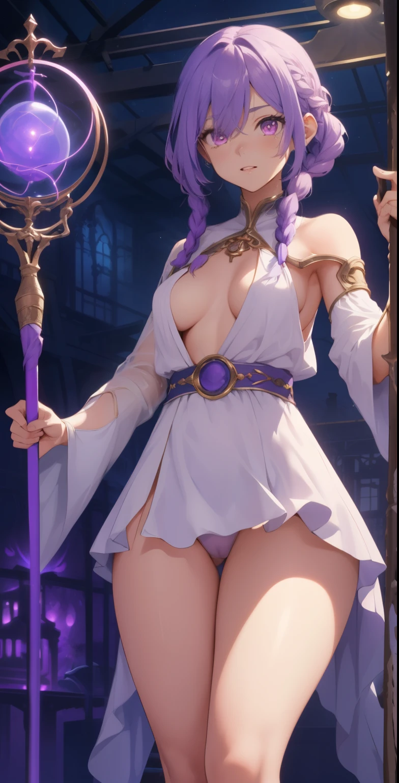 (initial sketch: magic energy around, (building the correct anatomy), 1 girl, pink eyes, (blue hair), medium hair, (1 braid), staff in her hand, casts a spell, staff glows, big chest, (neon purple mana flows around the staff), night, (unrestricted:1.6), ((Masterpiece)), (best quality), (beautiful background), (detailed illustration), HDR, (cinematic light) , ((color)), ((rtx)), high quality color, correct anatomy, (the most perfect composition ever made), (absolute final detail), thick legs, thick thigh, (extra detail removal), ( removal of extra detail artifacts)