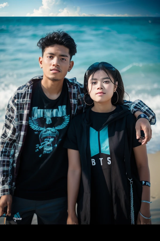there are two people standing next to each other on a beach, taken with canon eos 5 d mark iv, shot on canon eos r 5, shot on canon eos r5, taken with canon 8 0 d, taken with canon 5d mk4, taken with sony alpha 9, outlive streetwear collection, taken with a canon eos 5 dBoy with girlfriend love futuristic background realistic face 8k ultra high quality hd