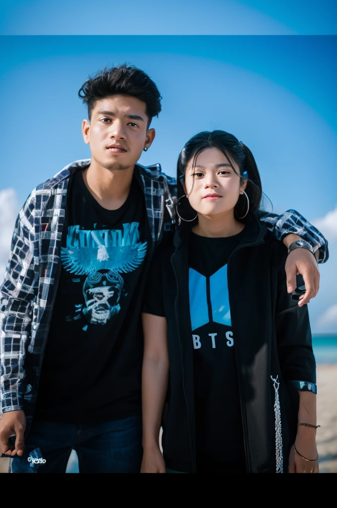 there are two people standing next to each other on a beach, taken with canon eos 5 d mark iv, shot on canon eos r 5, shot on canon eos r5, taken with canon 8 0 d, taken with canon 5d mk4, taken with sony alpha 9, outlive streetwear collection, taken with a canon eos 5 dBoy with girlfriend love futuristic background realistic face 8k ultra high quality hd